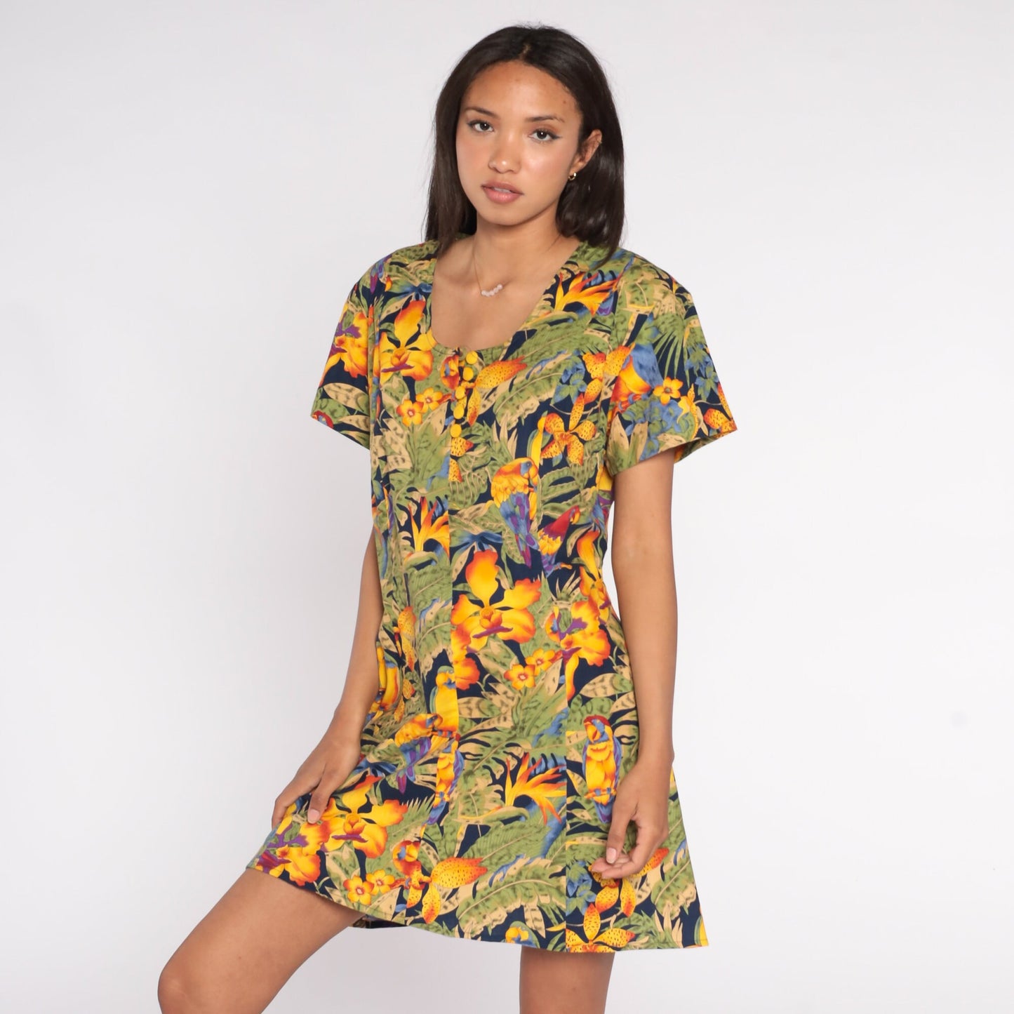 90s Tropical Bird Parrot Leaf Print Mini Dress Button-Up Short Sleeve Large L