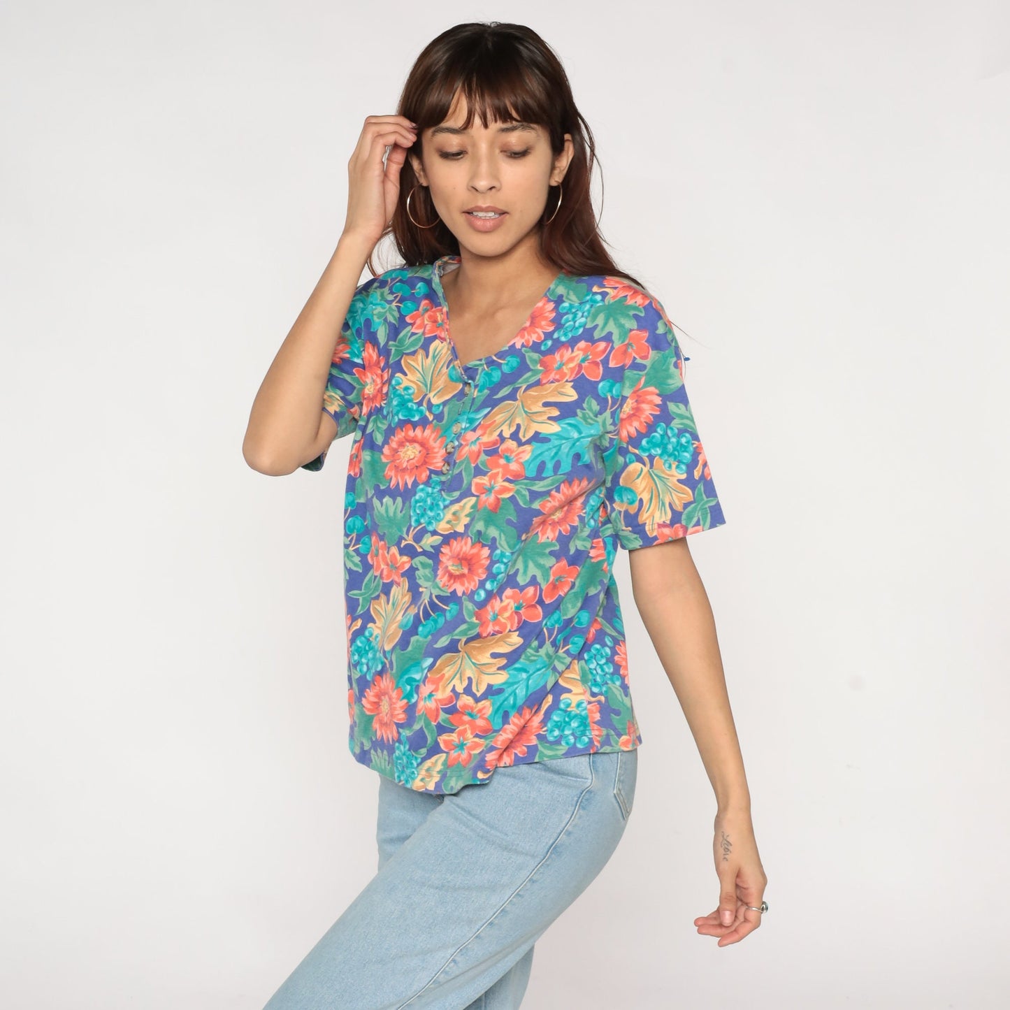 90s Floral Fruit Print Henley Shirt Short Sleeve Button Up Large L