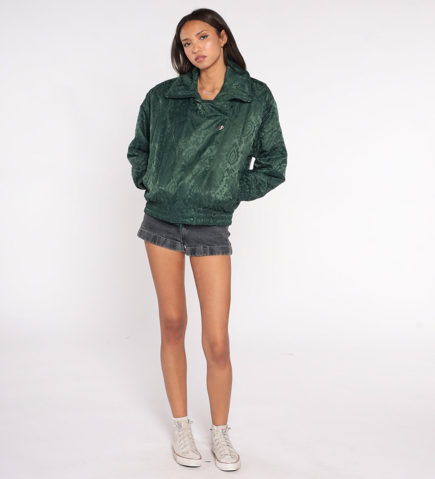 90s Brocade Floral Bomber Jacket Dark Green Embossed Zip Snap Medium