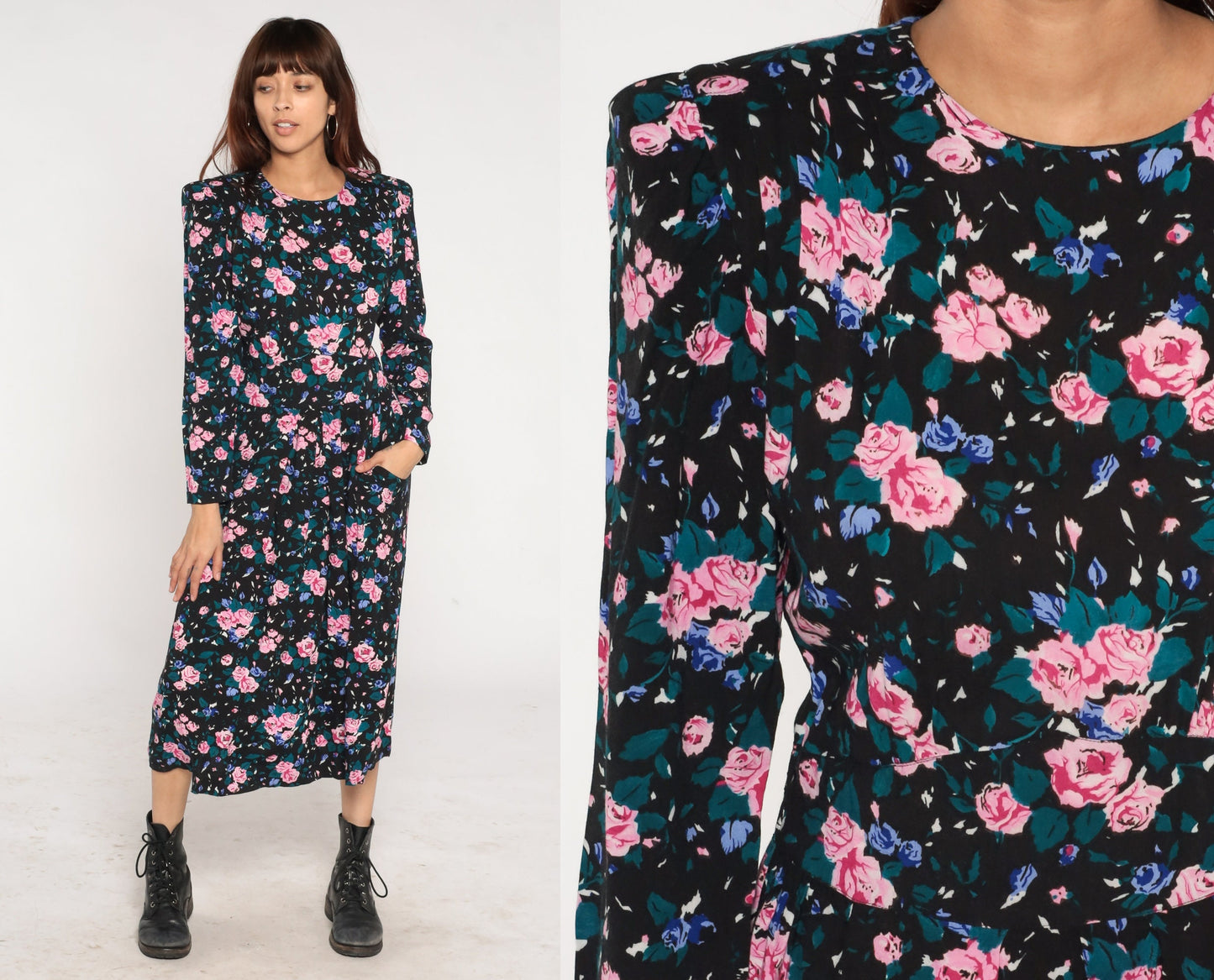 90s Black Floral Midi Dress Power Shoulders Pockets Long Sleeve Medium 10