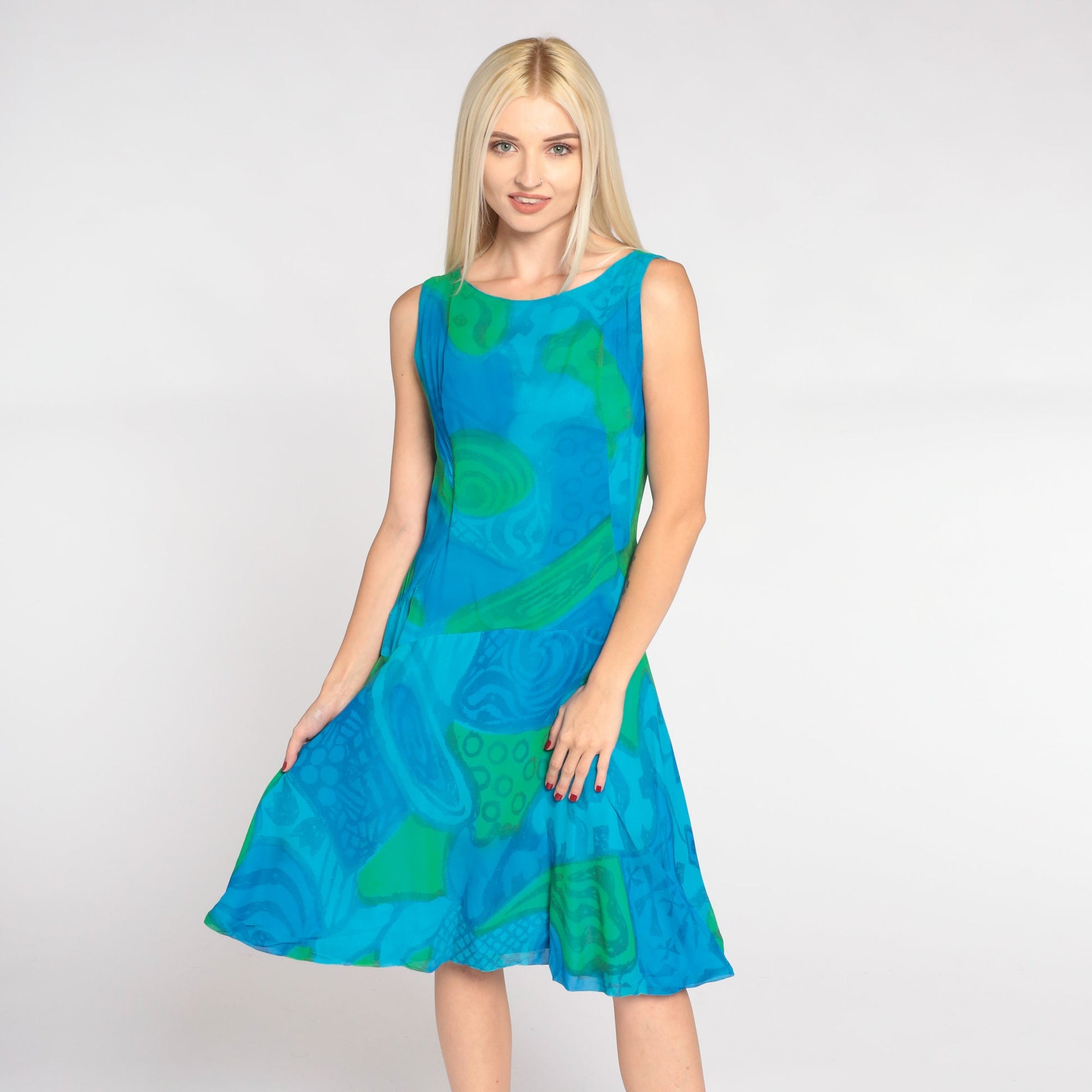 60s Mod Mini Dress Blue Abstract Print Sleeveless Drop Waist Small S