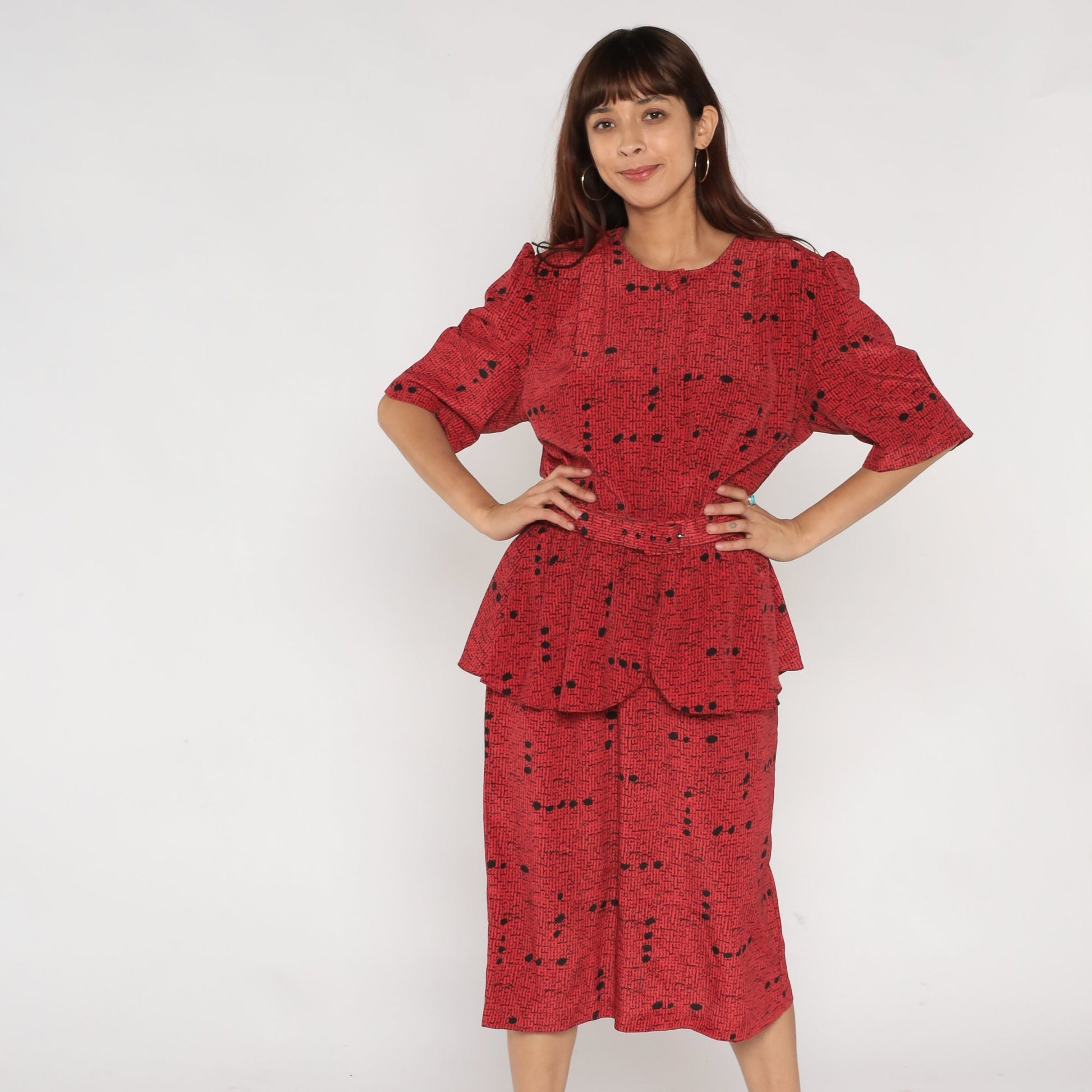 80s Red Speckled Dot Print Peplum Dress Puff Sleeve High Waist Midi Large