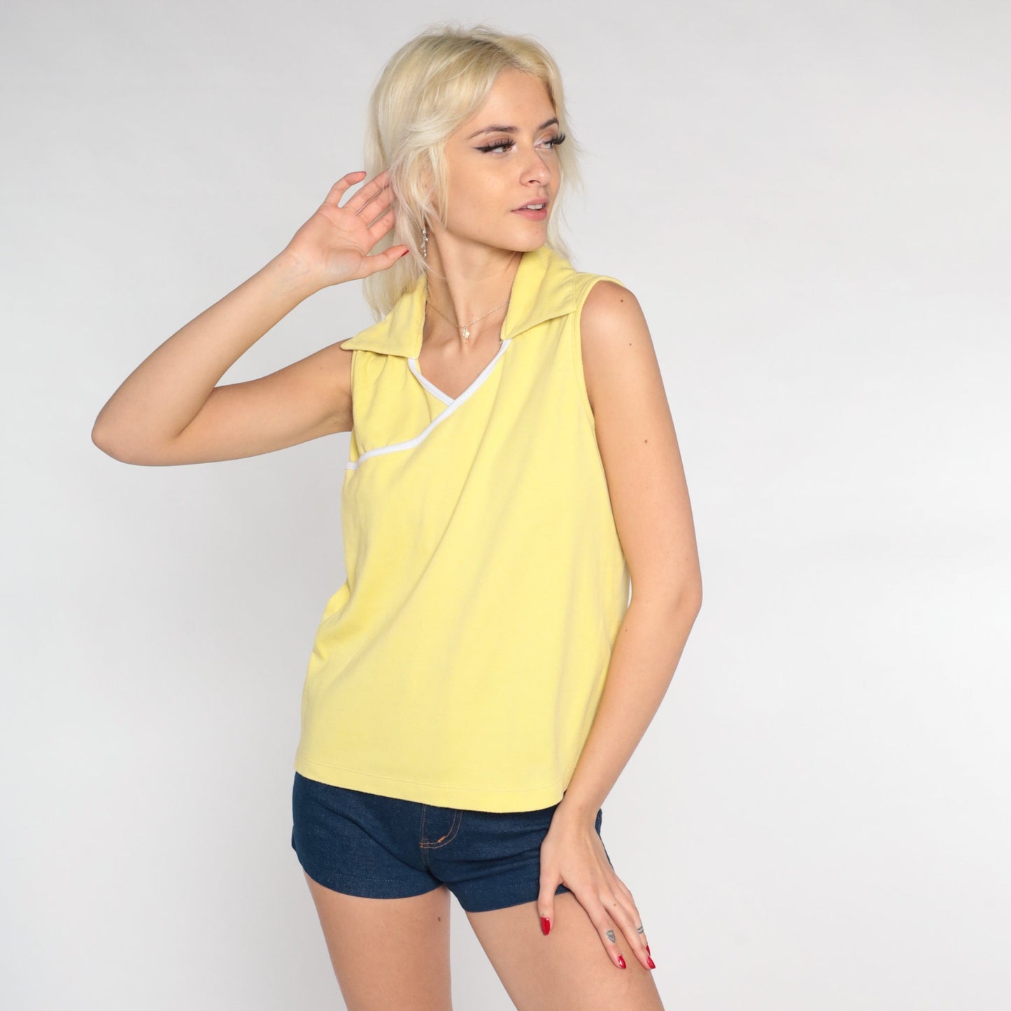 90s Pale Yellow Collared Tank Top V Neck Sleeveless Blouse Small