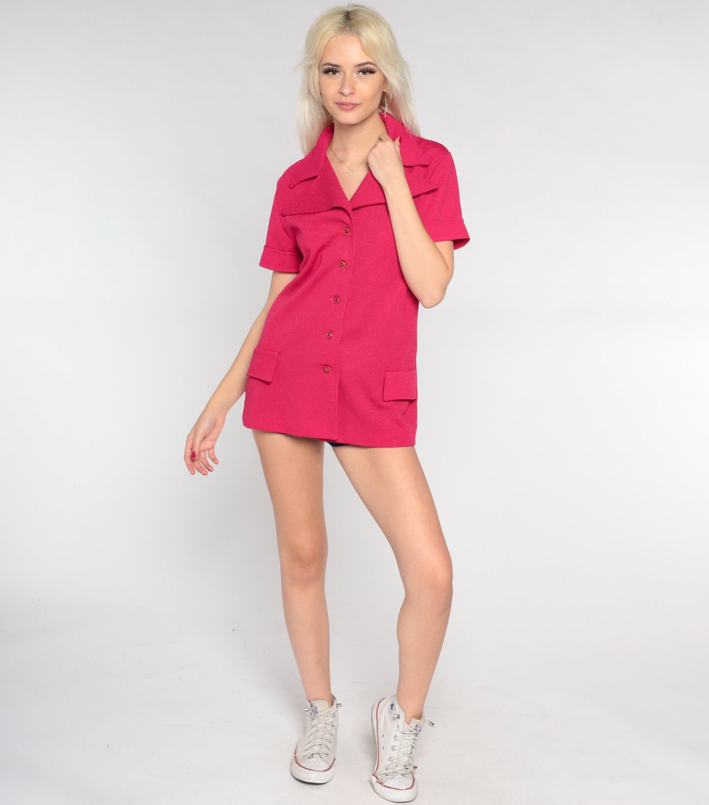 70s Fuchsia Pink Wing Collar Blouse Button-Up Short Sleeve Medium M