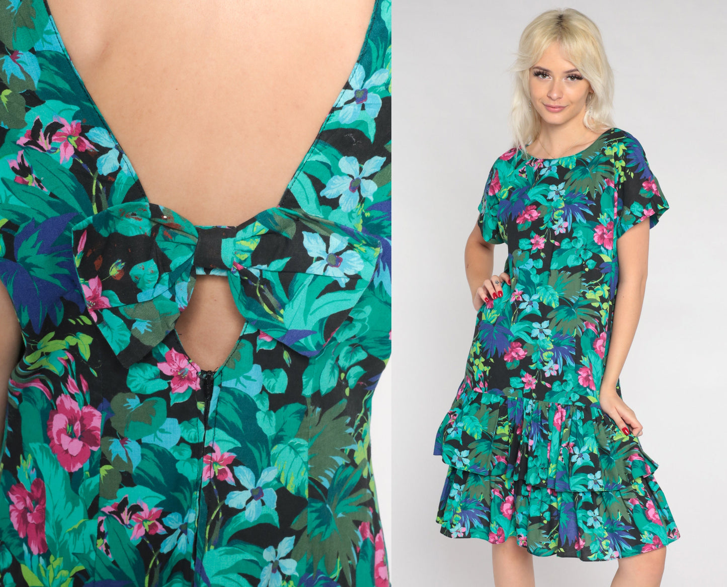 90s Tropical Floral Mini Dress Black Leaf Print Drop Waist Tiered Ruffle Medium