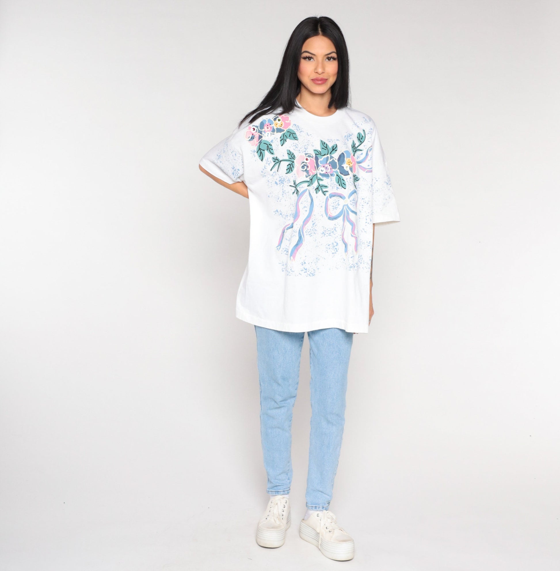 90s Gem Floral Graphic T-Shirt Rhinestone Flower Print White Extra Large