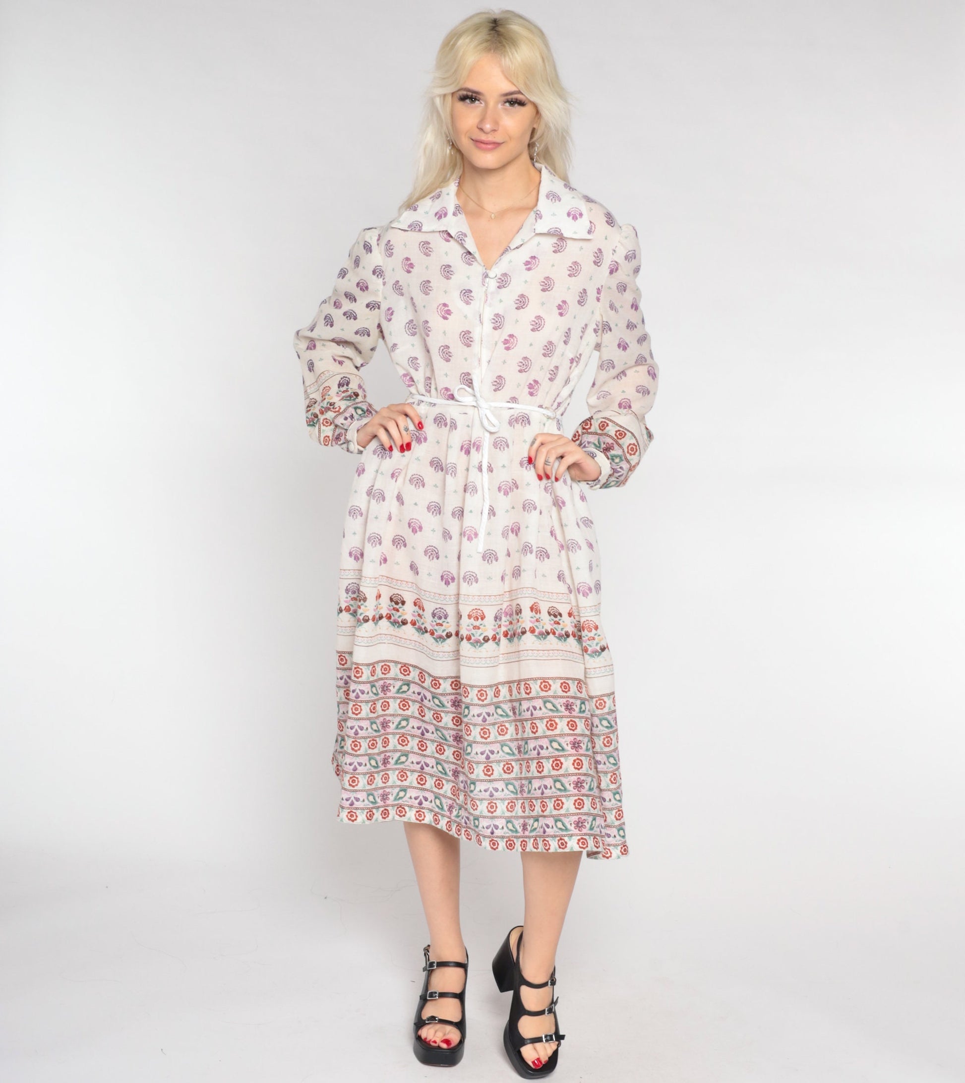 70s White Floral Midi Shirtdress Drawstring Waist Balloon Sleeve Collared Extra Large