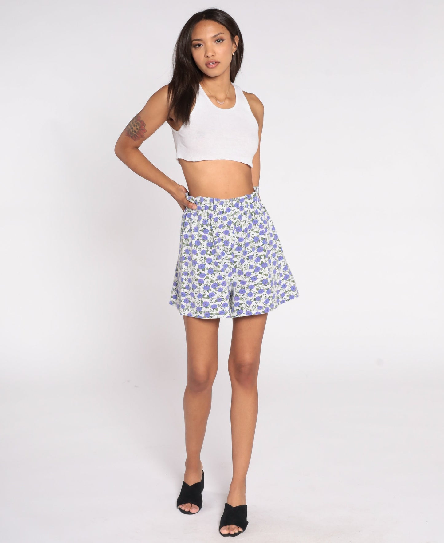 90s Fizzical Floral Paper Bag Shorts High Waist Purple White Cotton Medium Large