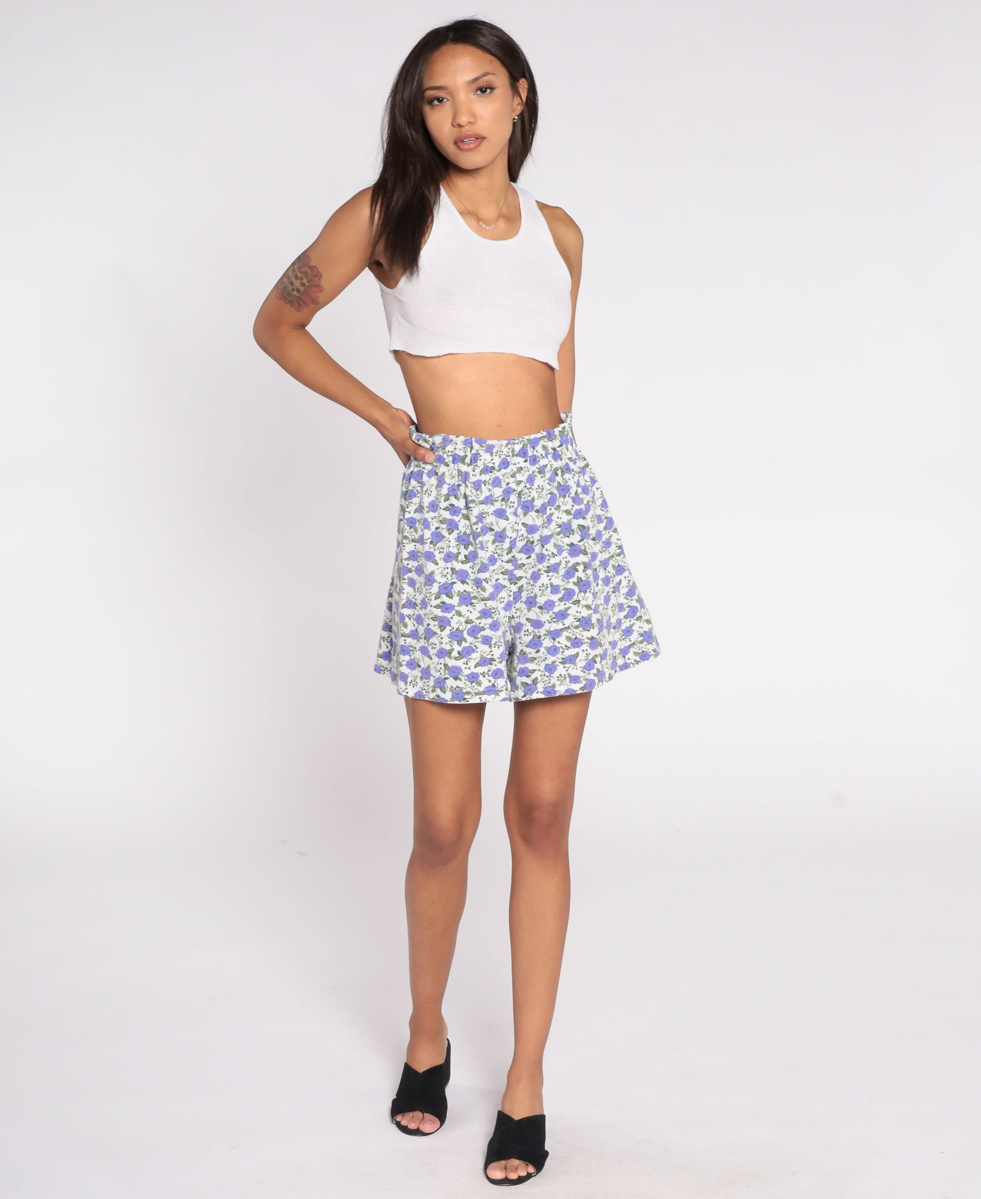 90s Fizzical Floral Paper Bag Shorts High Waist Purple White Cotton Medium Large