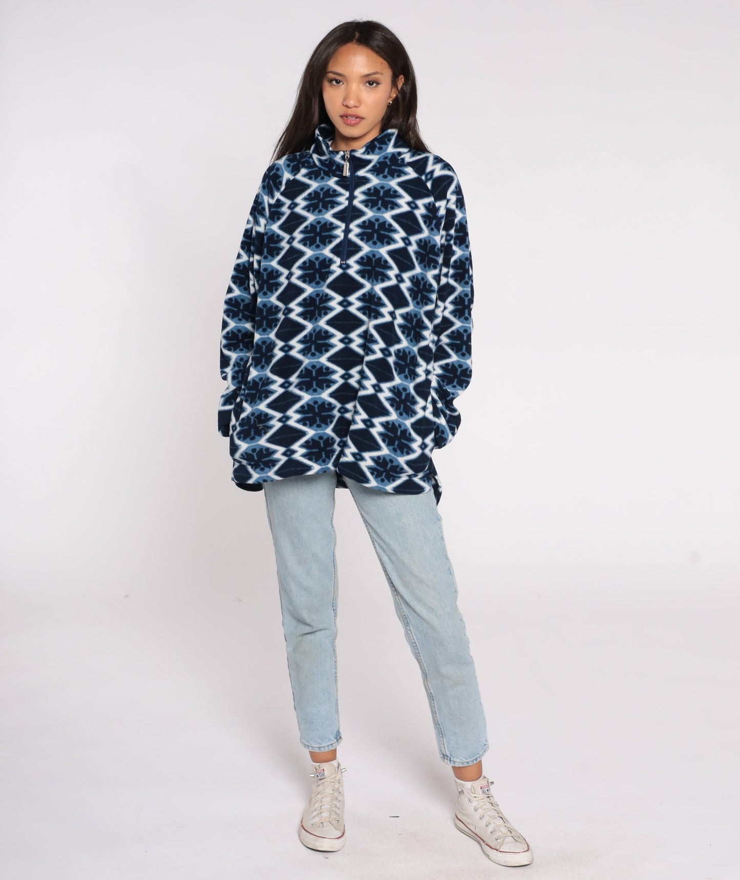 Y2K Nordic Snowflake Fleece Mock Neck Pullover Blue Extra Extra Large XXL