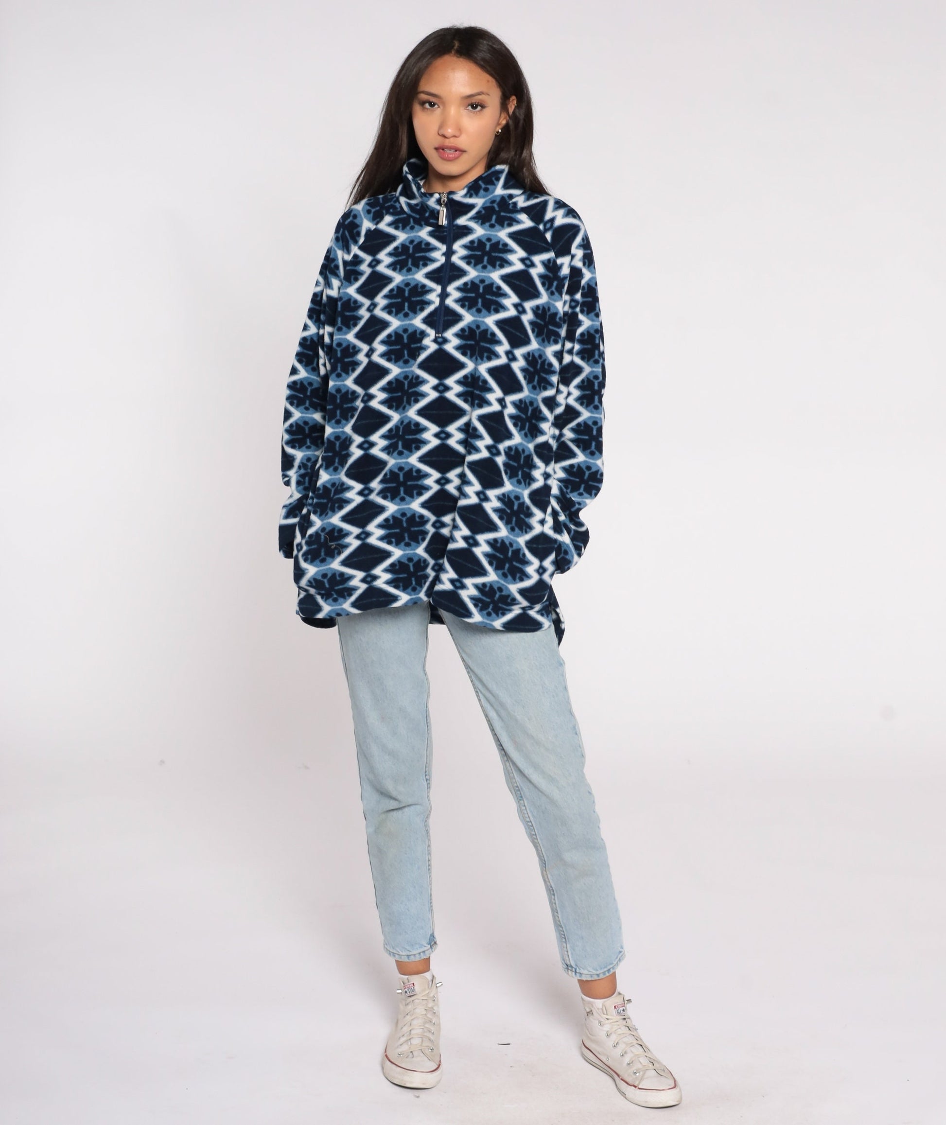 Y2K Nordic Snowflake Fleece Mock Neck Pullover Blue Extra Extra Large XXL