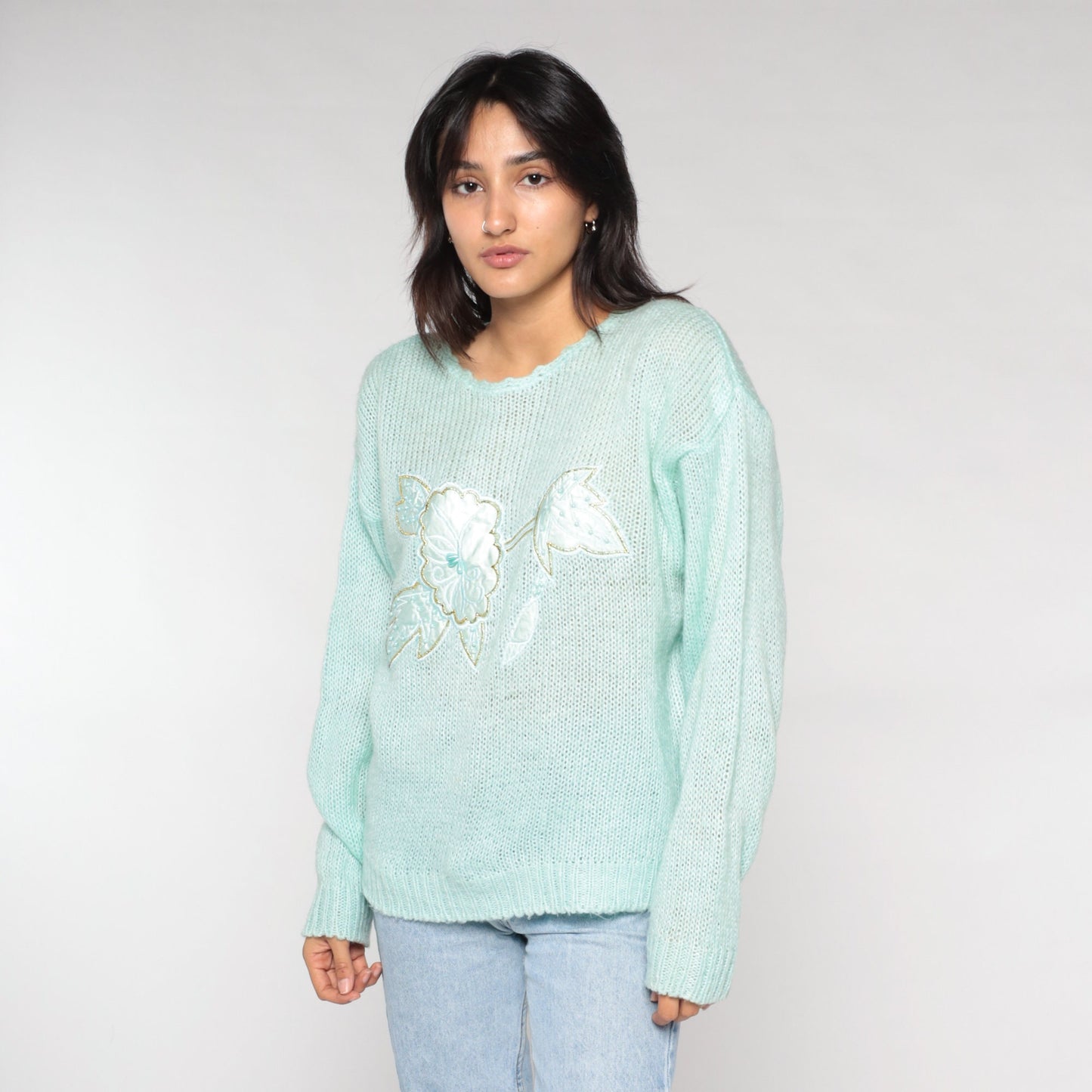 90s Mint Green Floral Appliqué Knit Sweater Pullover Medium M