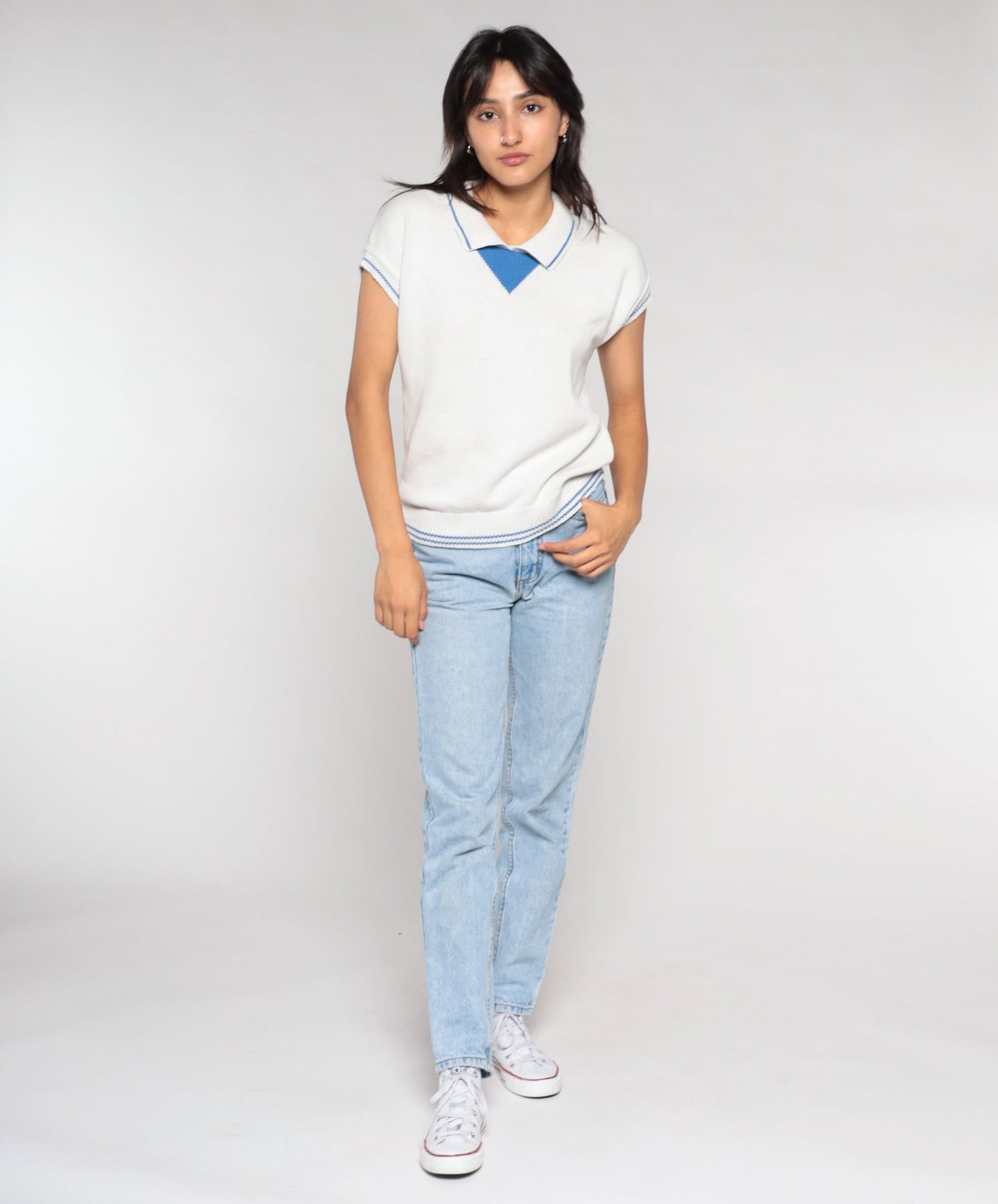 90s White Knit Polo Cap Sleeve Collared Sweater Top Blue Trim Small S
