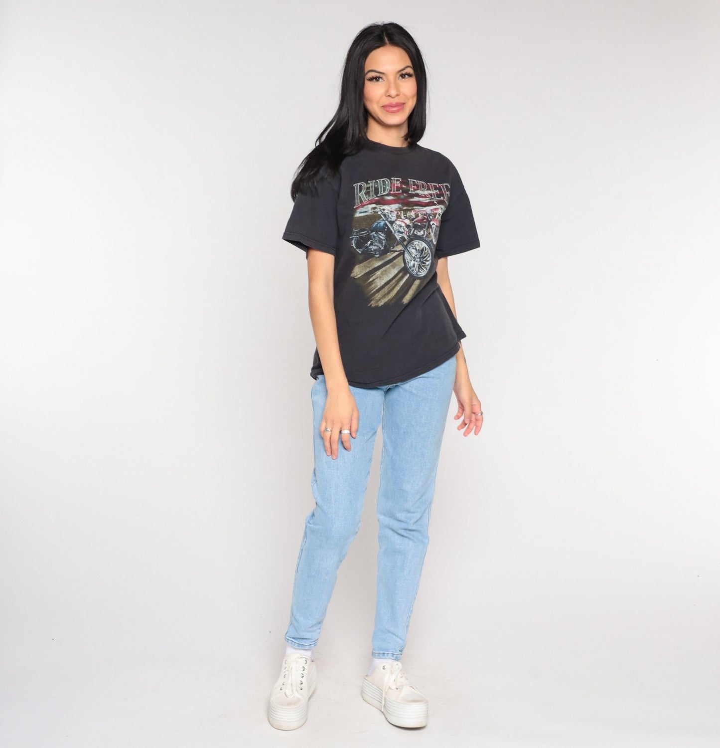 00s Motorcycle Ride Free Graphic T-Shirt American Flag Black Medium