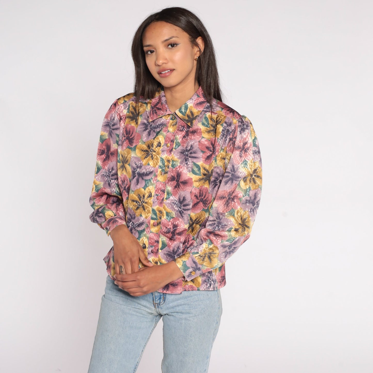 90s Embossed Floral Button-Up Blouse Pink Purple Long Sleeve Collared Shirt Medium
