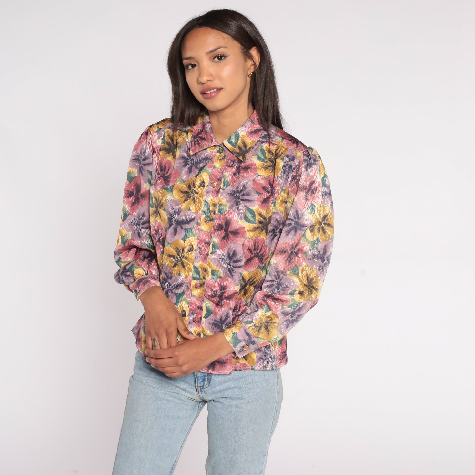 90s Embossed Floral Button-Up Blouse Pink Purple Long Sleeve Collared Shirt Medium
