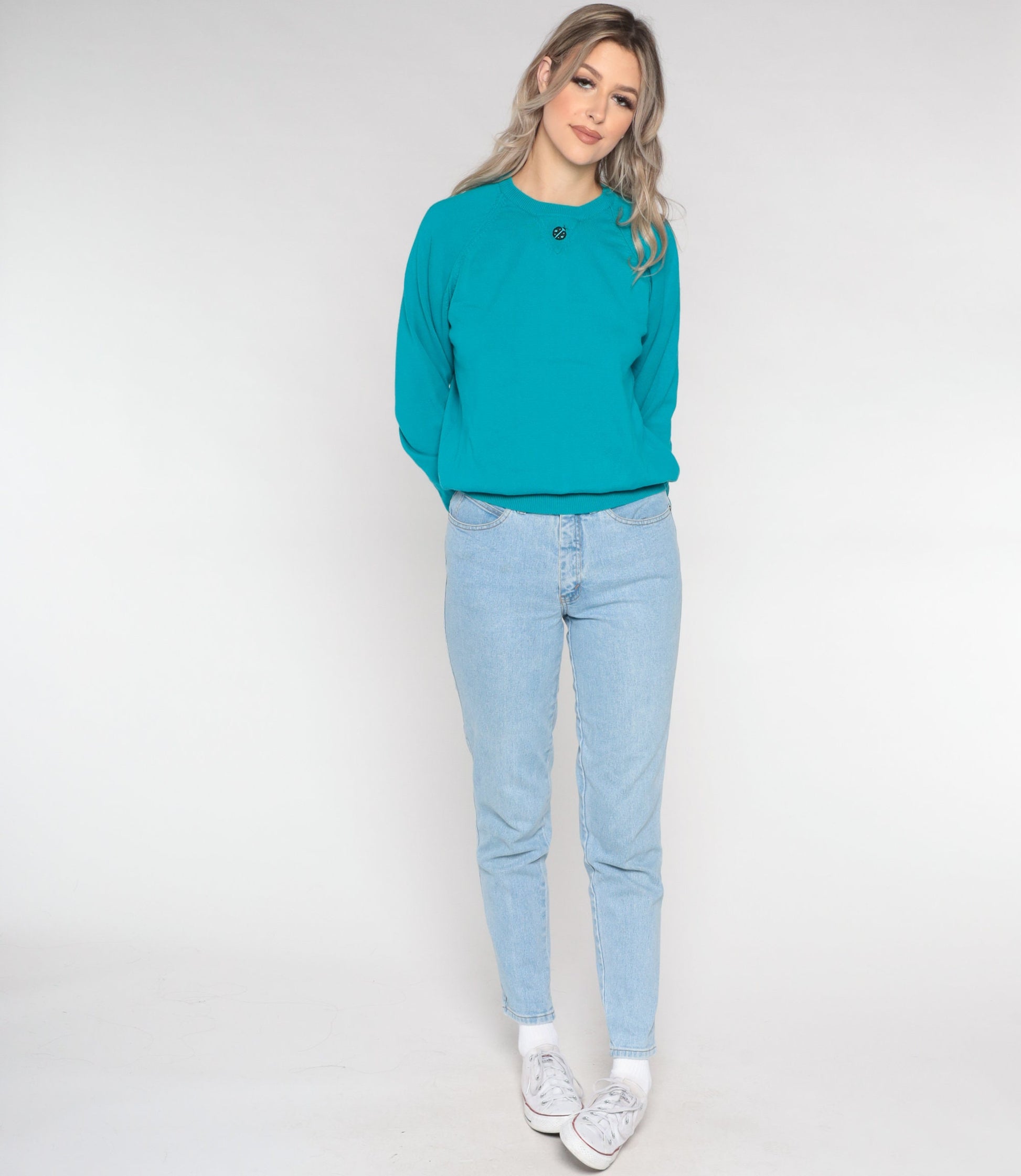 90s Teal Cotton Knit Sweater Ladybug Embroidered Raglan Crewneck Medium