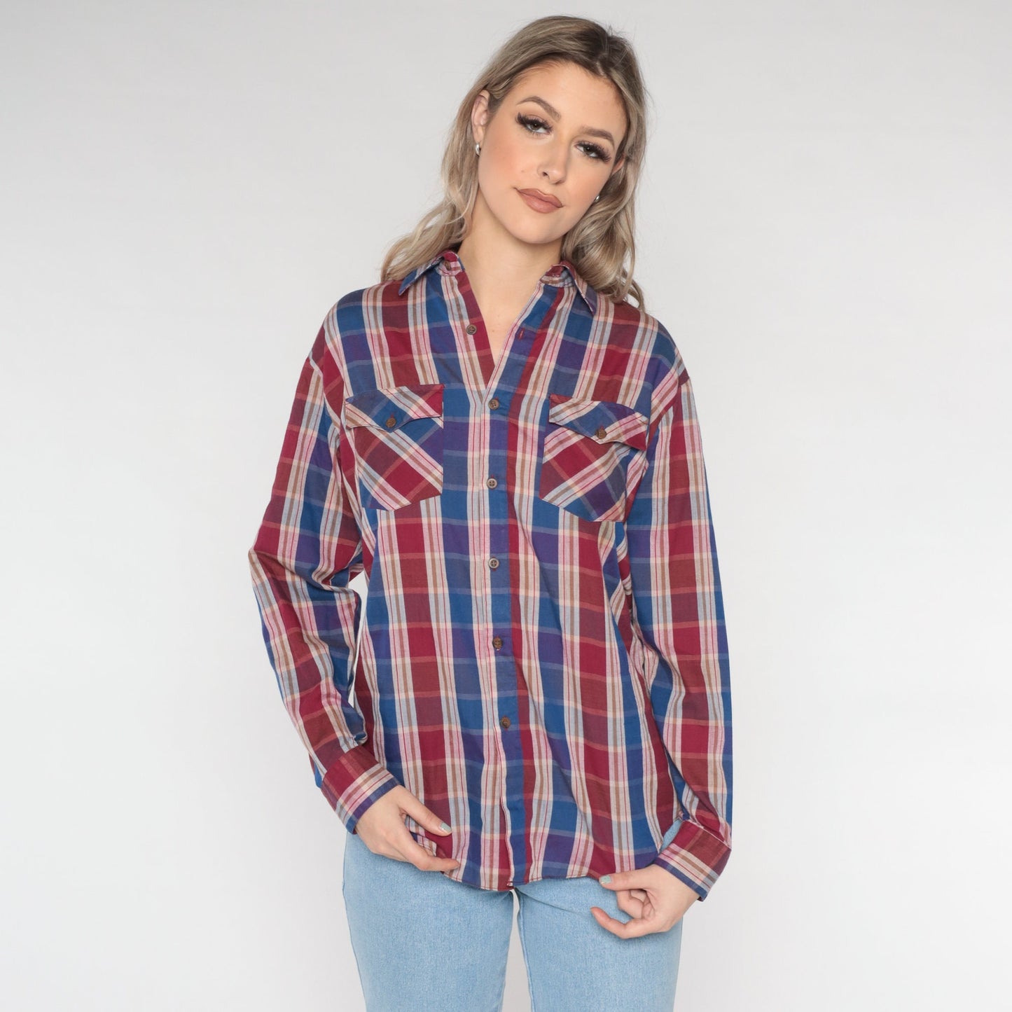 80s Burgundy Blue Plaid Button-Up Shirt Cotton Long Sleeve Medium