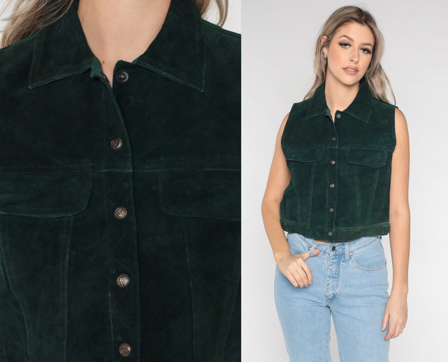 90s Dark Green Suede Leather Snap-Front Vest Small S