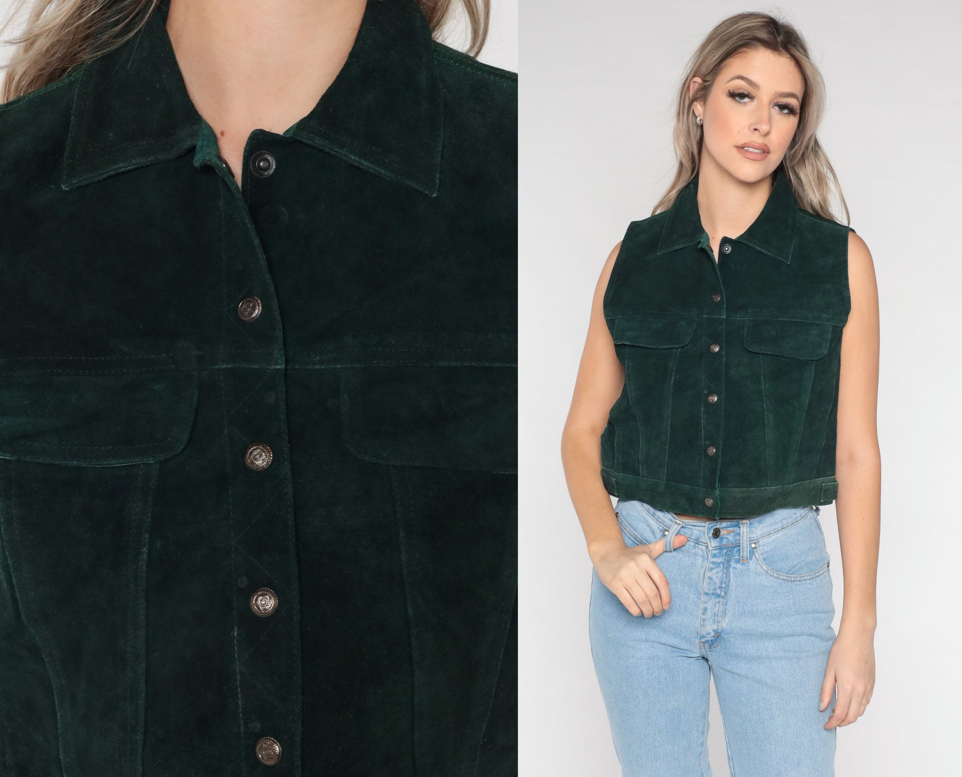 90s Dark Green Suede Leather Snap-Front Vest Small S
