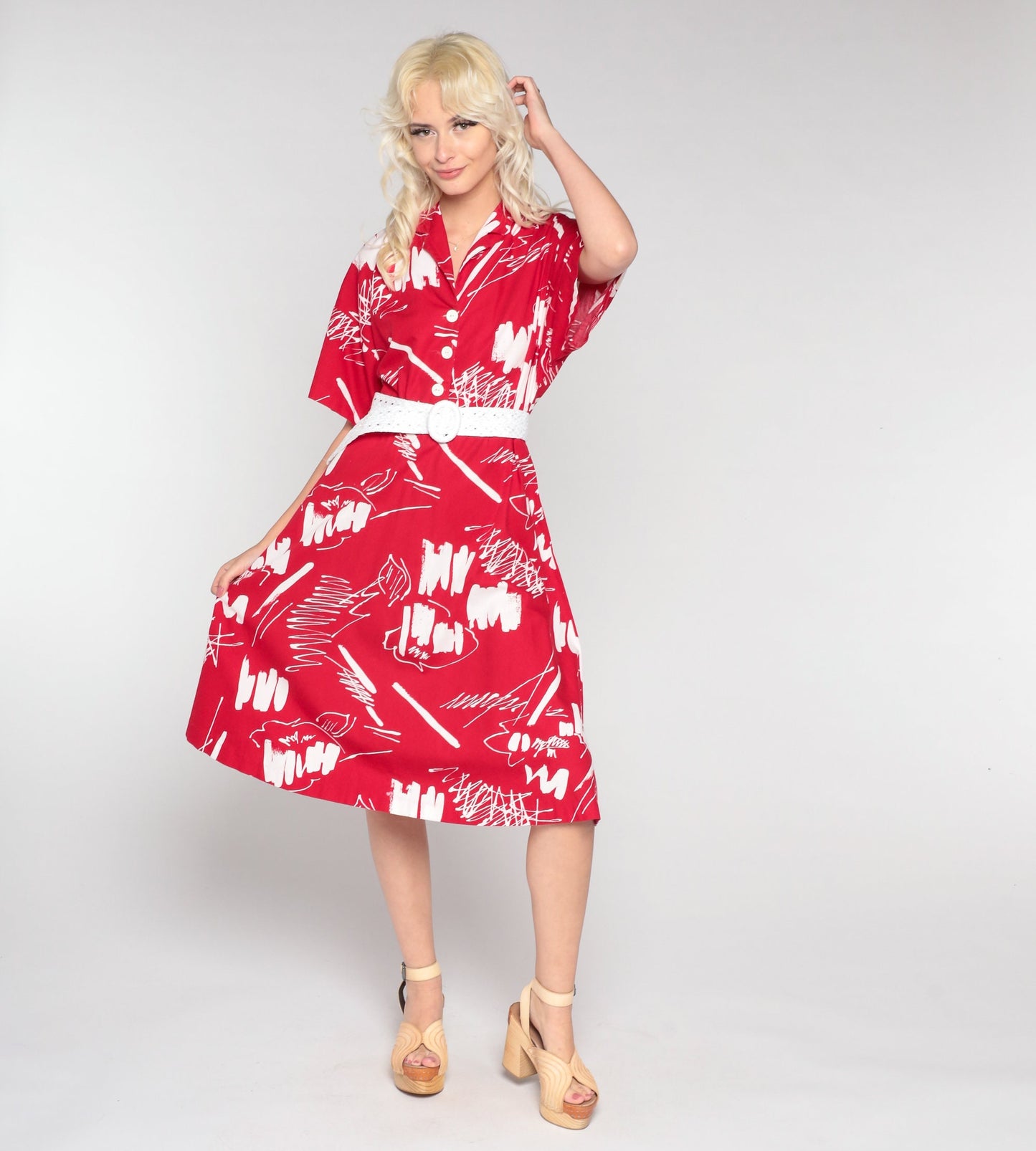 80s Brushstroke Print Midi Shirt Dress High Waist Button Up Red White Medium