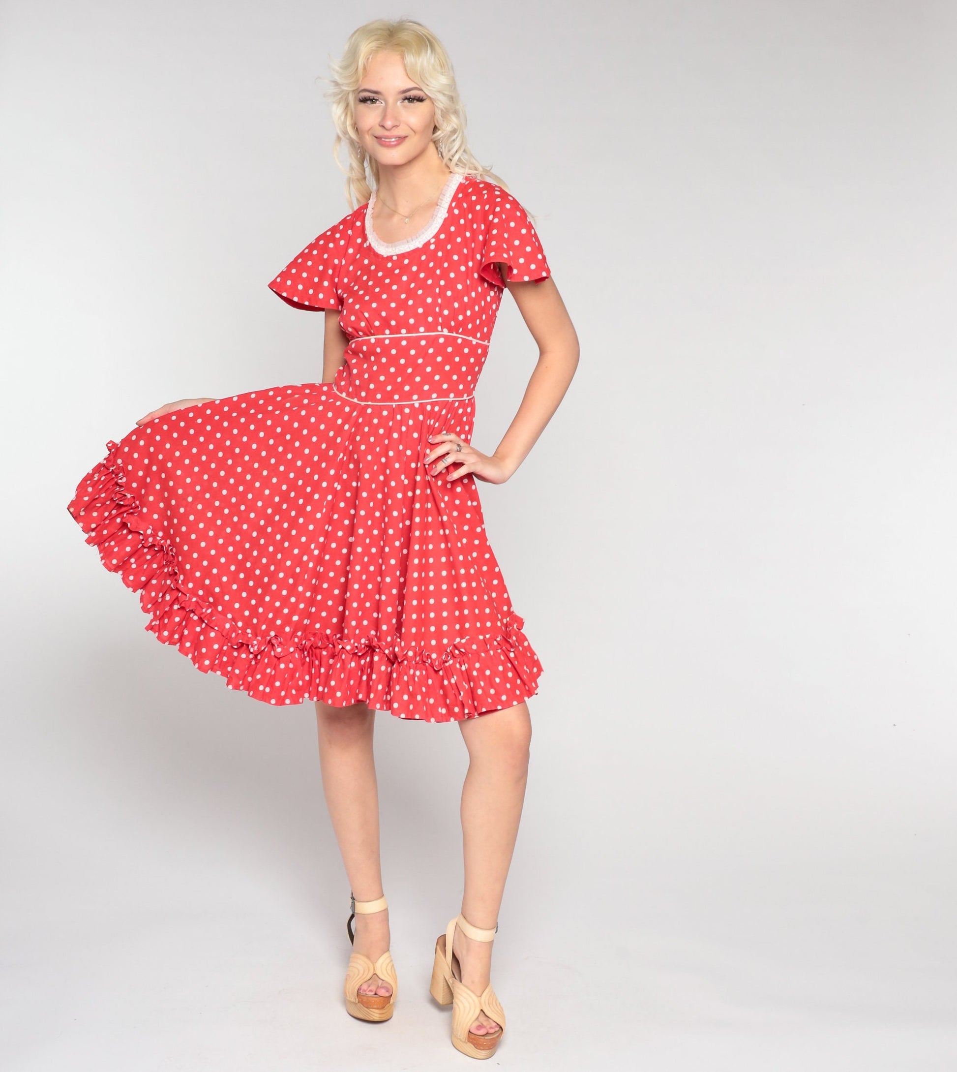70s Red Polka Dot Mini Dress Flutter Sleeve Full Skirt High Waist Extra Small