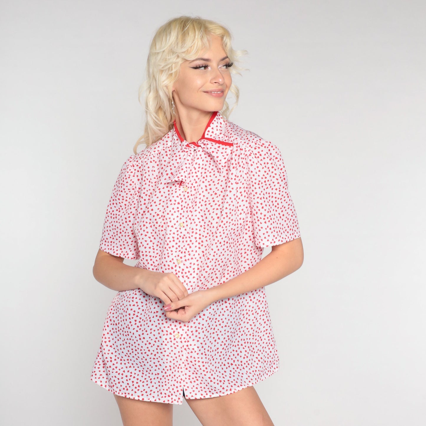80s Red White Leaf Print Ascot Blouse Short Sleeve Button Up Medium Large