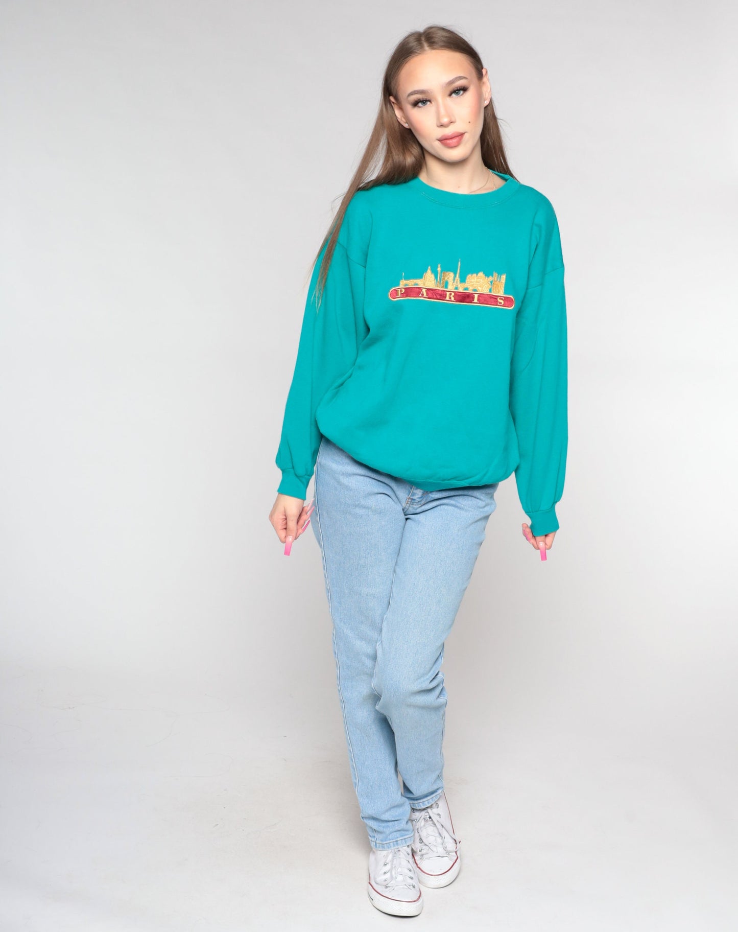 90s Paris Eiffel Tower Embroidered Sweatshirt Teal Green Crewneck Large