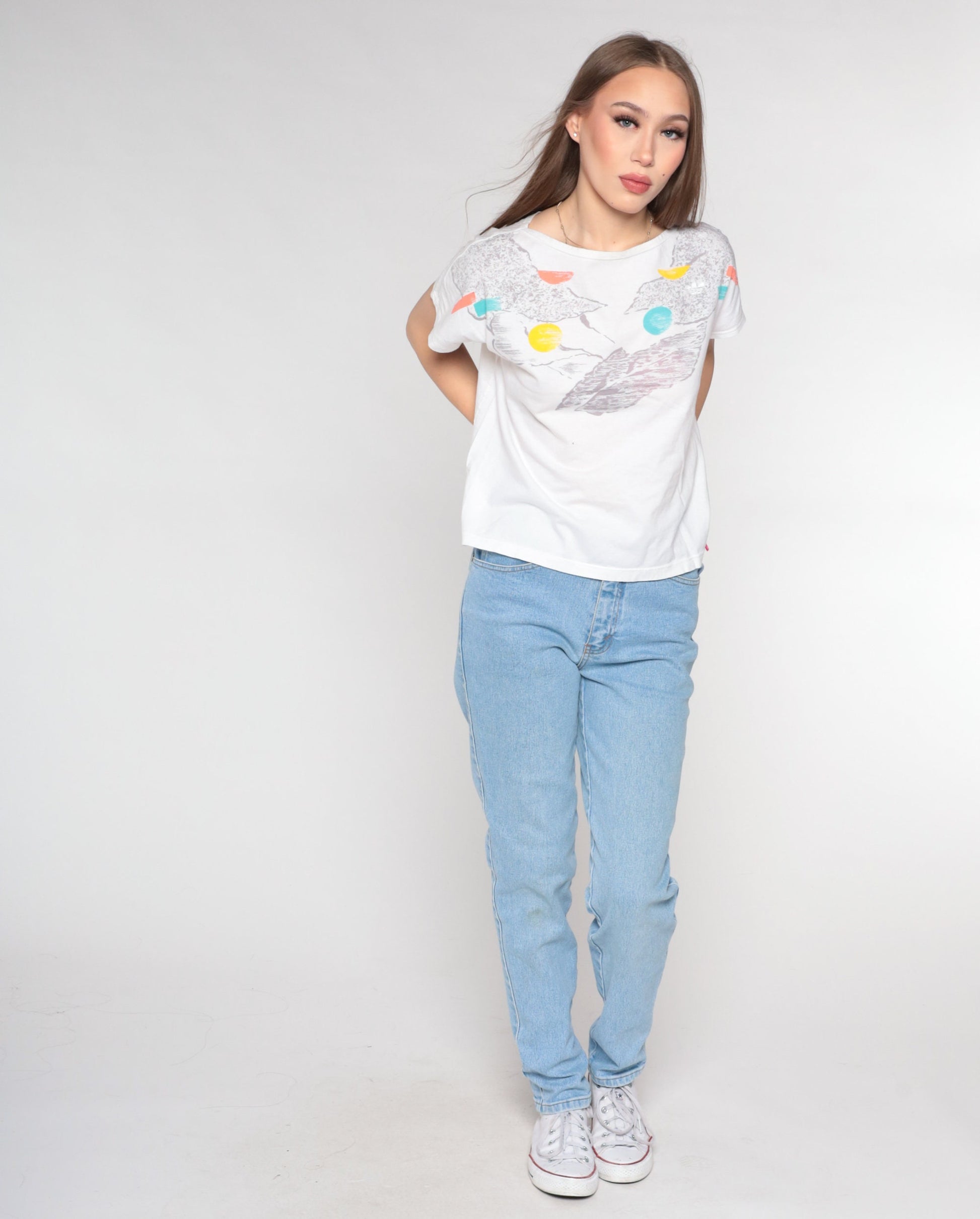 90s Adidas Abstract Print T-Shirt White Athletic Tee Medium