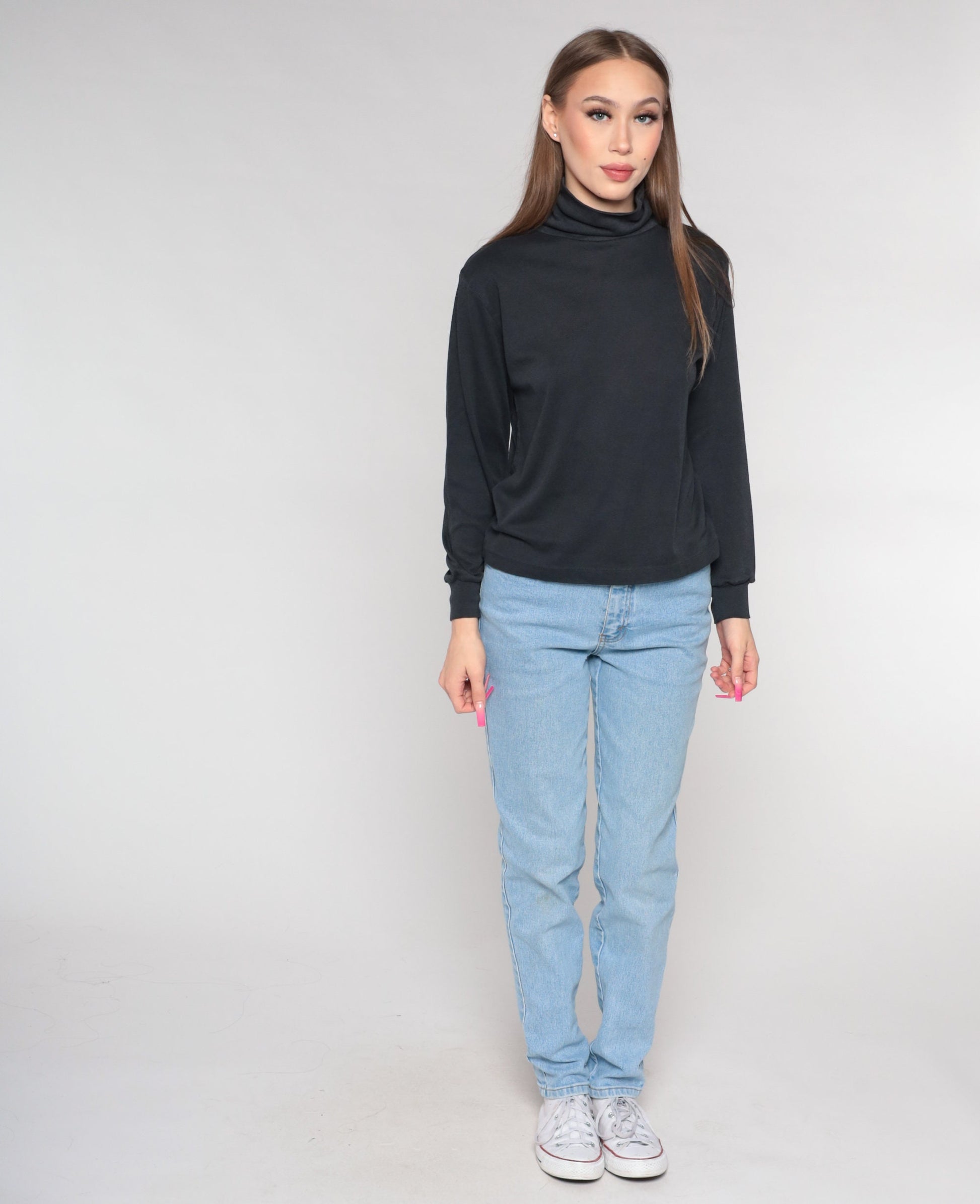 90s Black Turtleneck Long Sleeve Shirt Plain Cotton Medium