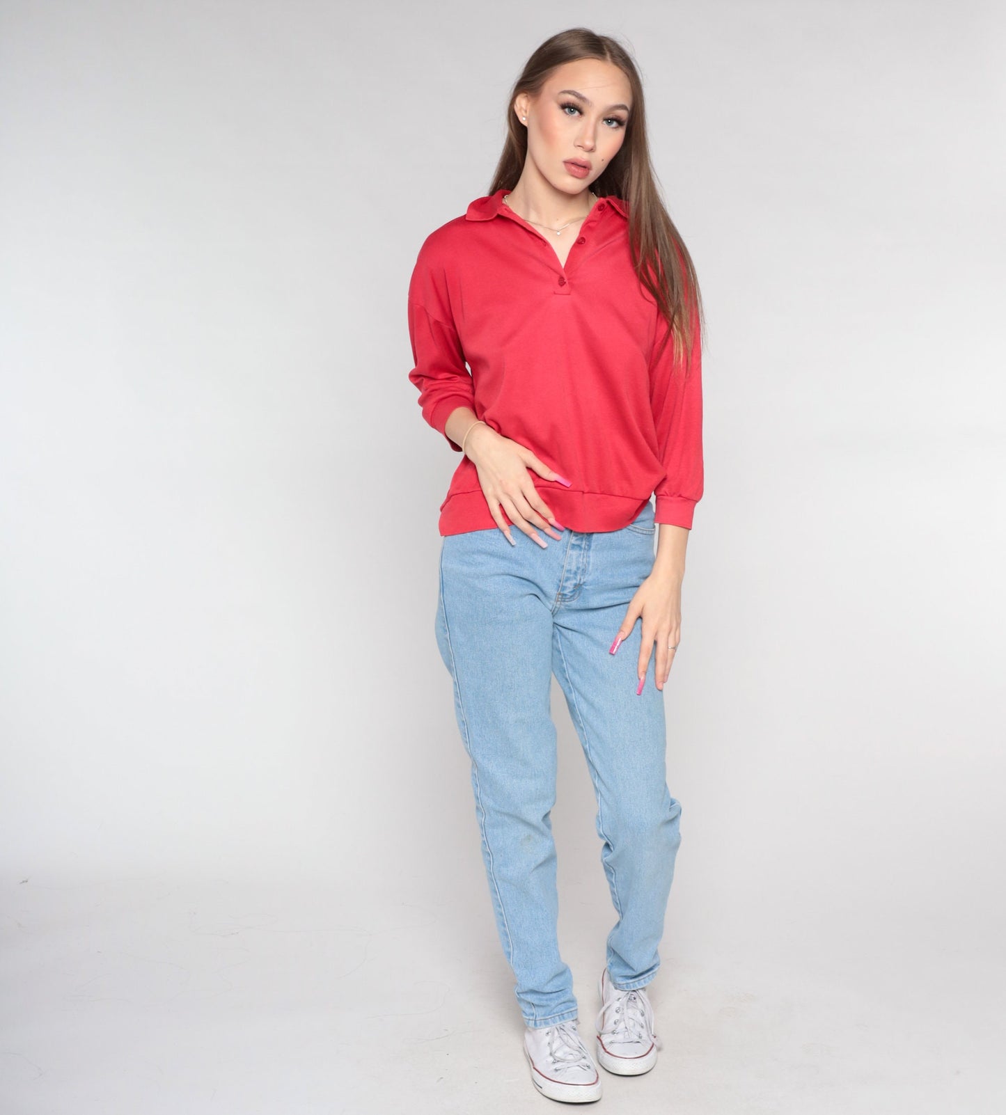 80s Red Quarter-Button Collared Sweatshirt Slouchy Pullover Medium