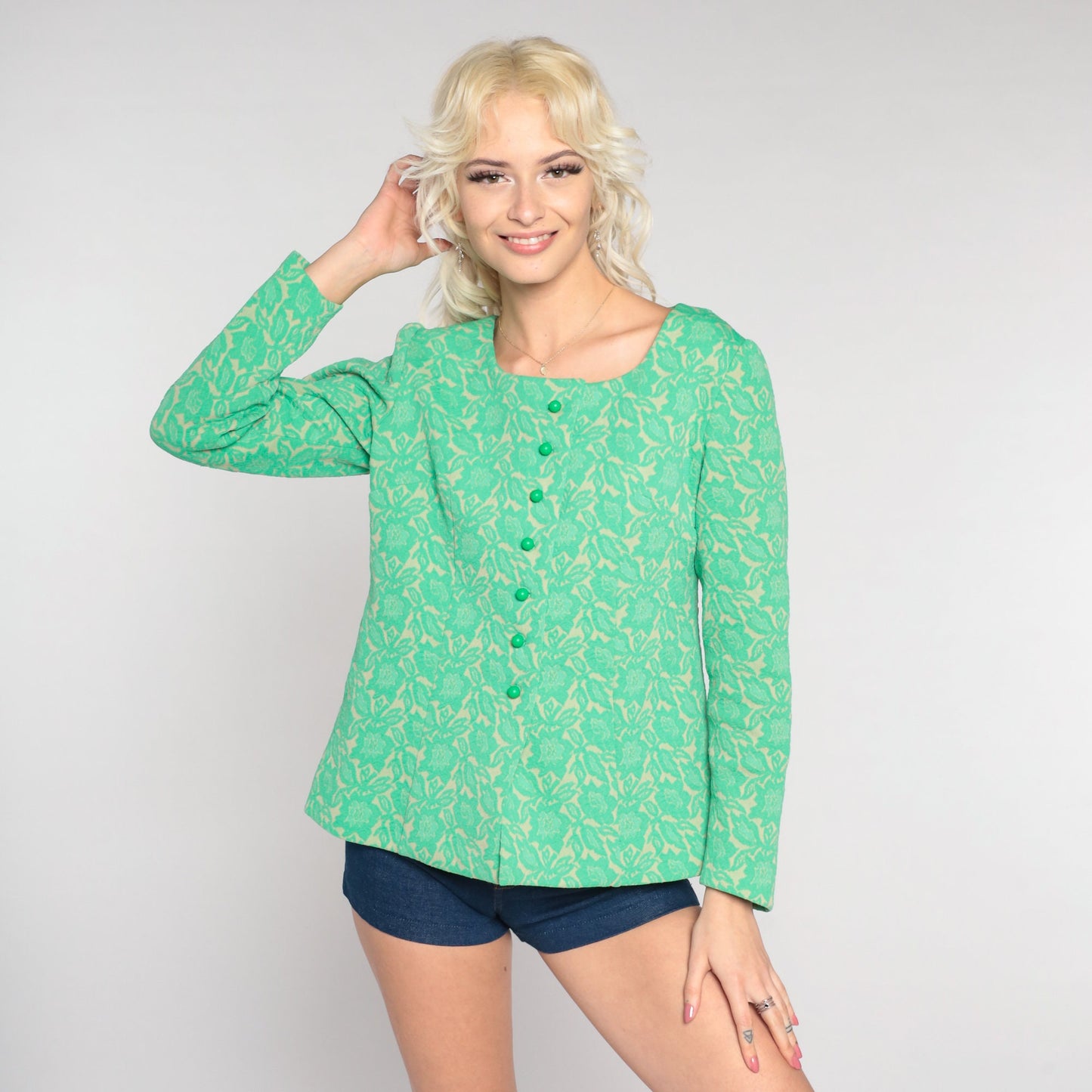 70s Green Floral Button-Up Blouse Long Sleeve Textured Print Small
