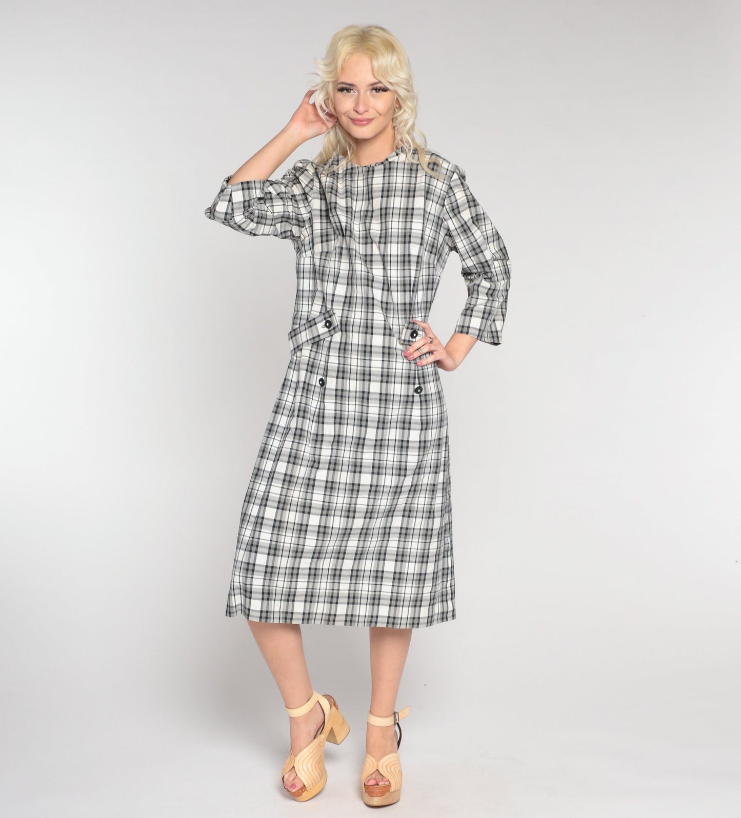 60s Mod Checkered Shift Dress Grey Plaid Midi Medium