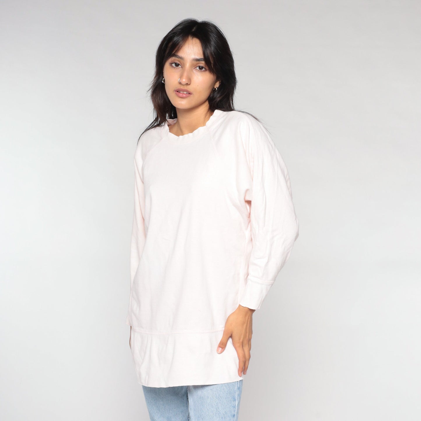90s Light Pink Raglan Tunic Top Long Sleeve Shirt Large L