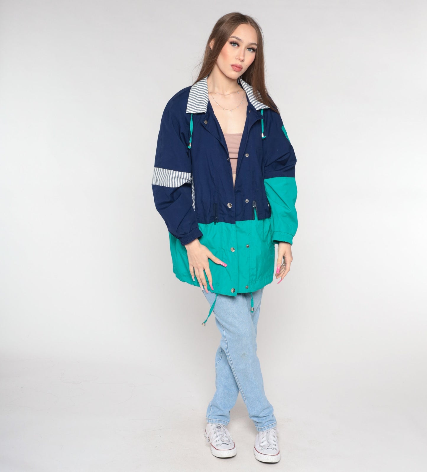 90s Blue Teal Windbreaker Jacket Cotton Blend Striped Trim Medium