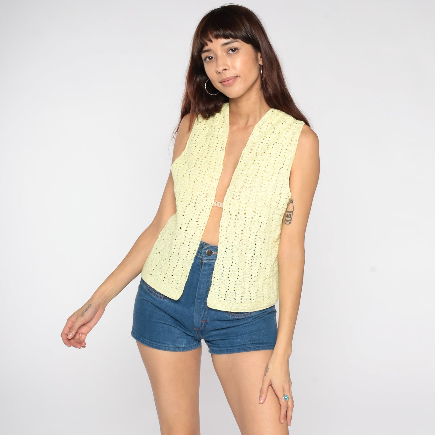 70s Crochet Vest Pale Yellow Knit Open Front Sleeveless Small