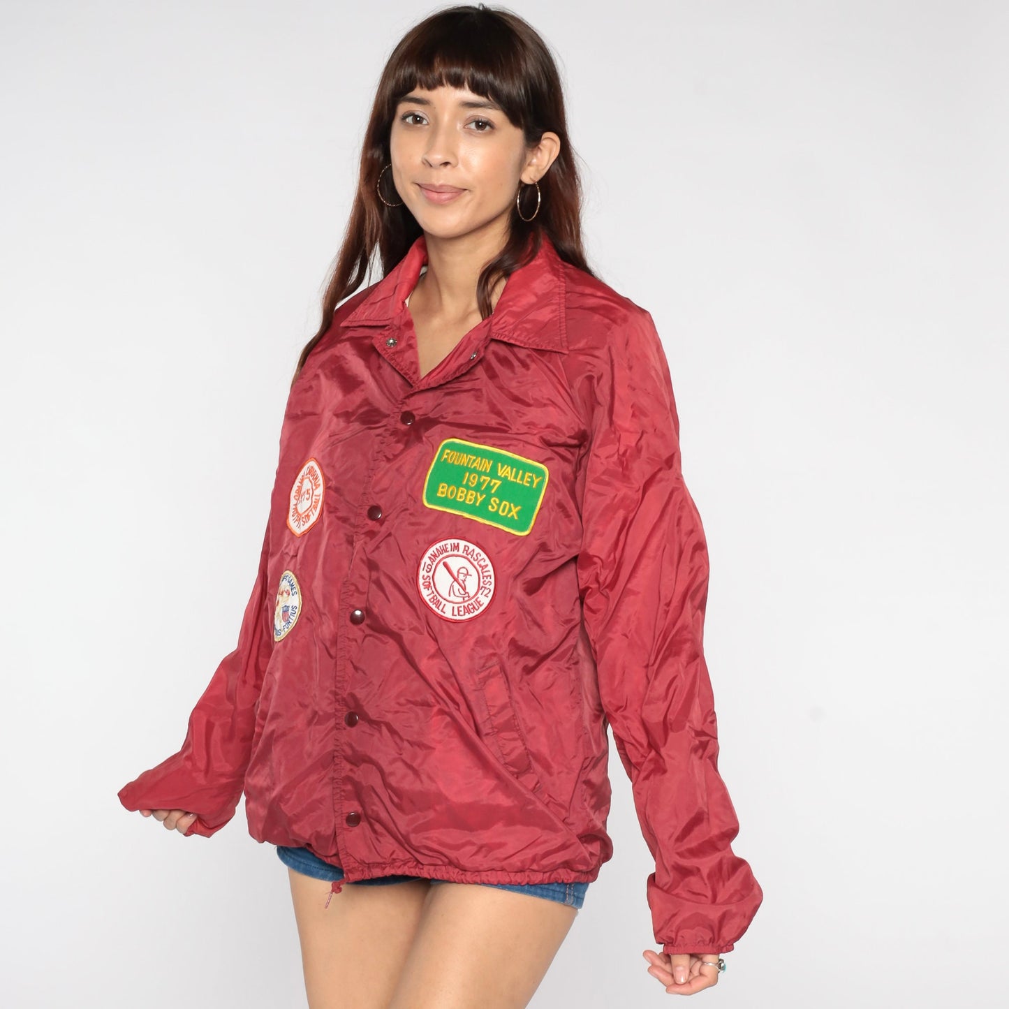 70s Burgundy Softball Patch Coach Jacket Fountain Valley Medium