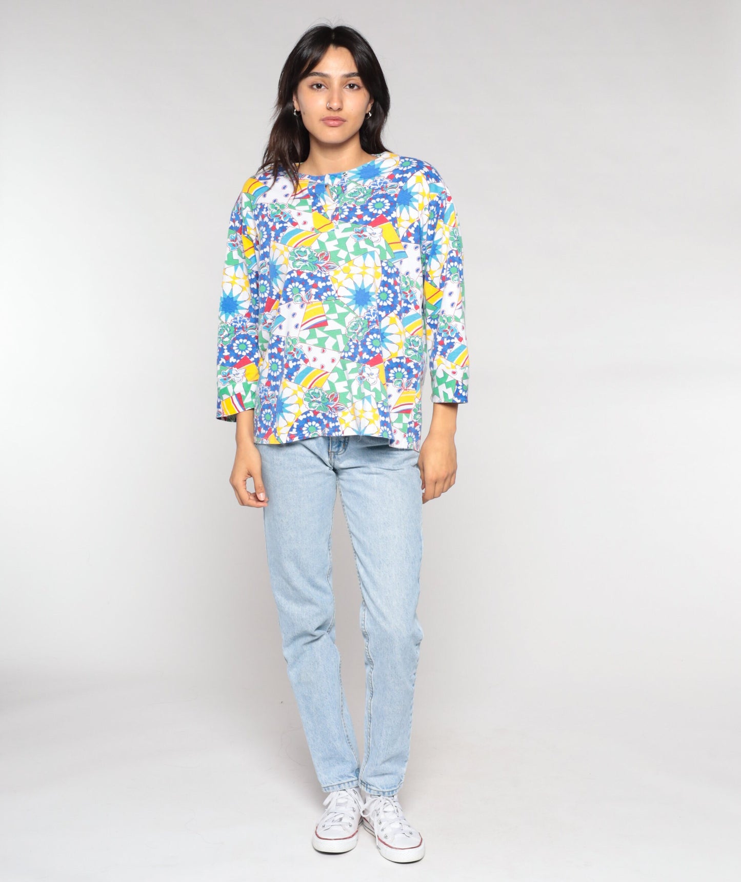 90s Abstract Floral Print Blouse Colorful Psychedelic 3/4 Sleeve White Large L