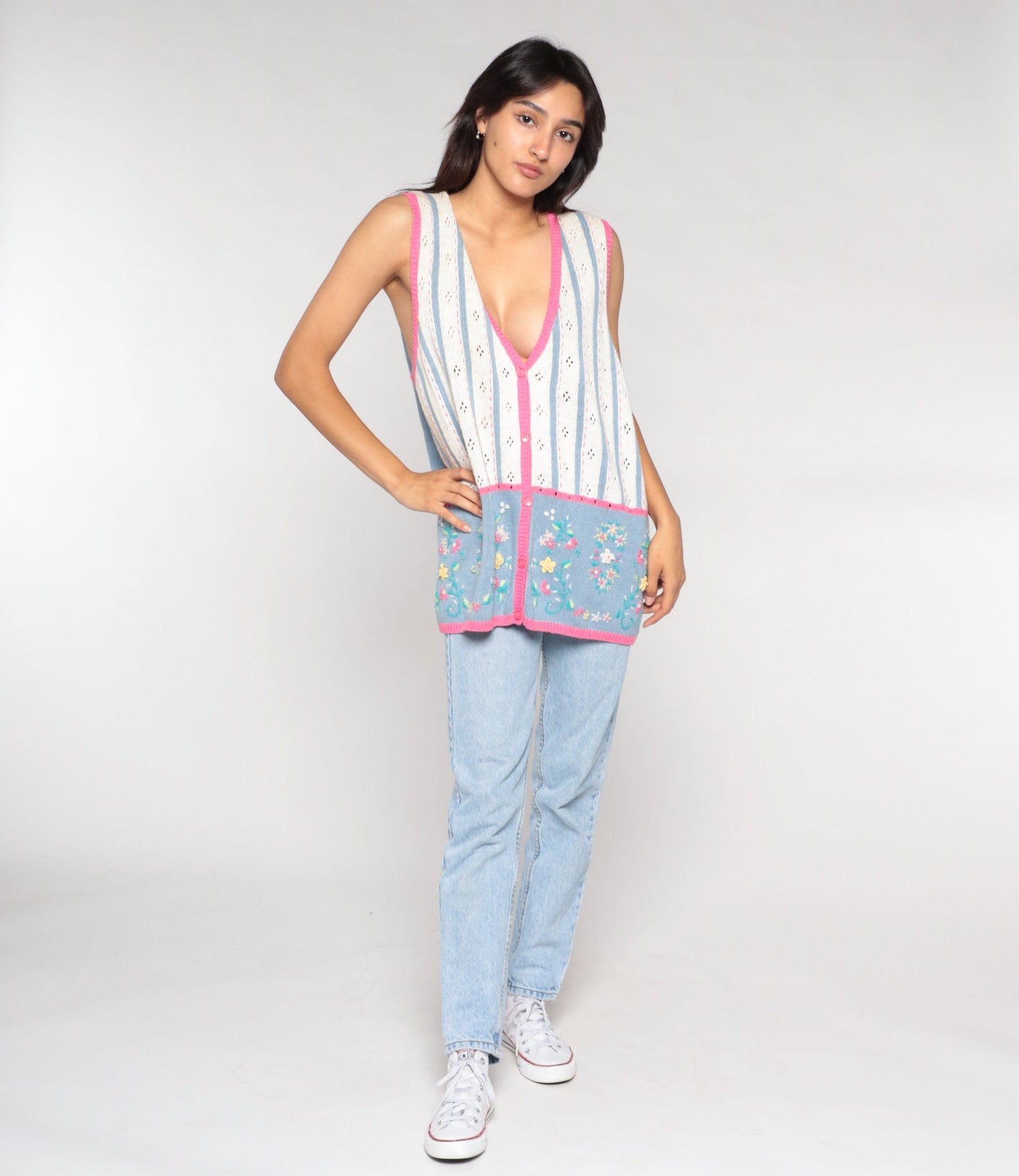 90s Floral Pointelle Knit Sweater Vest Button-Up White Pink Blue Extra Large XXL