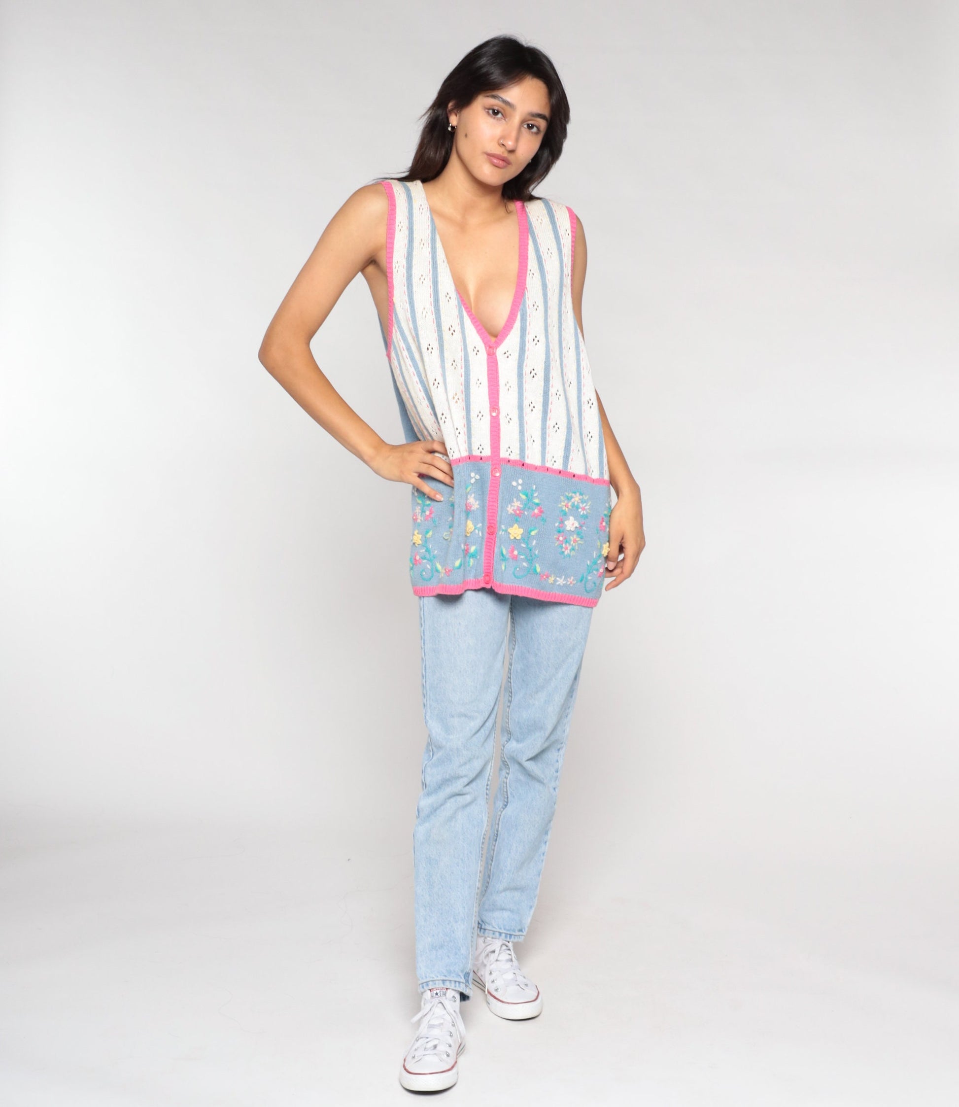 90s Floral Pointelle Knit Sweater Vest Button-Up White Pink Blue Extra Large XXL
