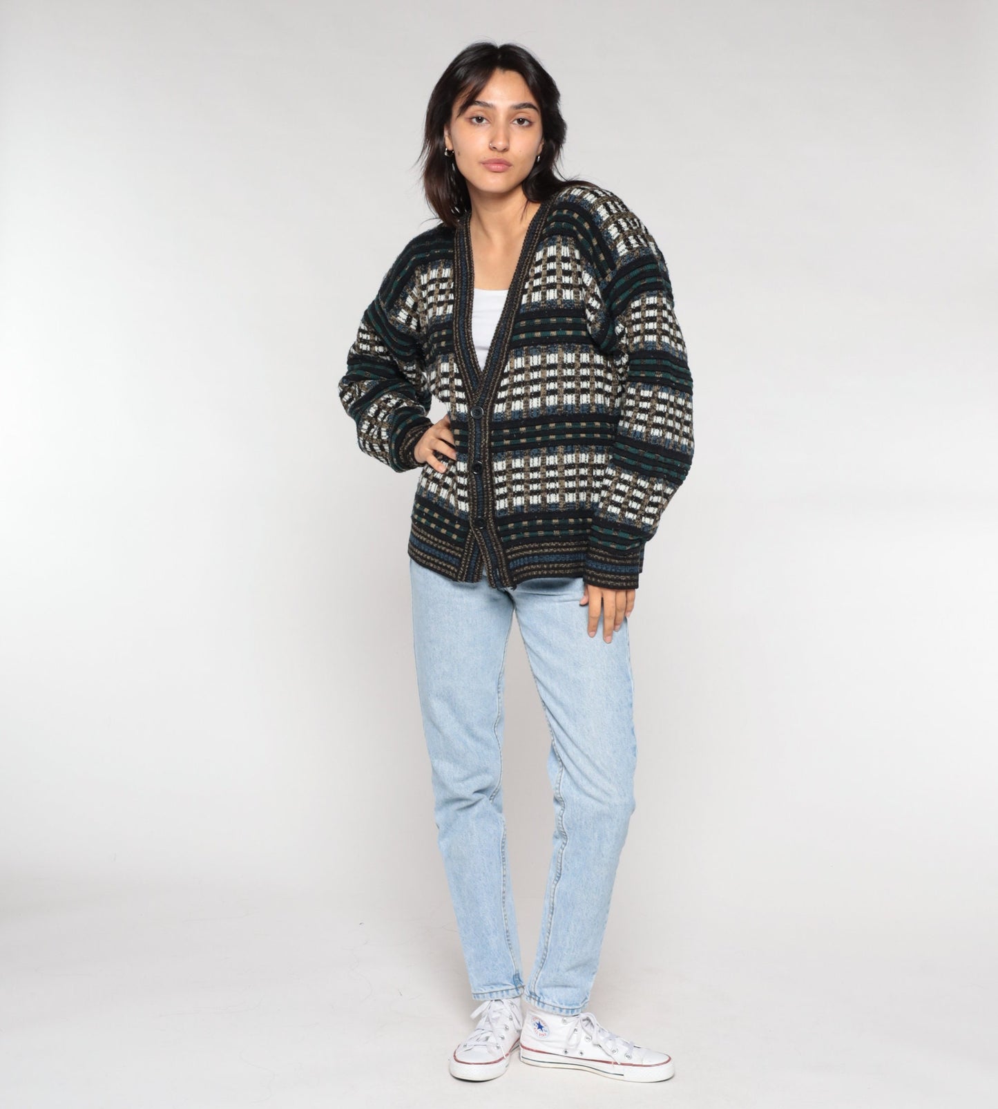 90s Checkered Cardigan Button-Up Knit Sweater Multicolor Large
