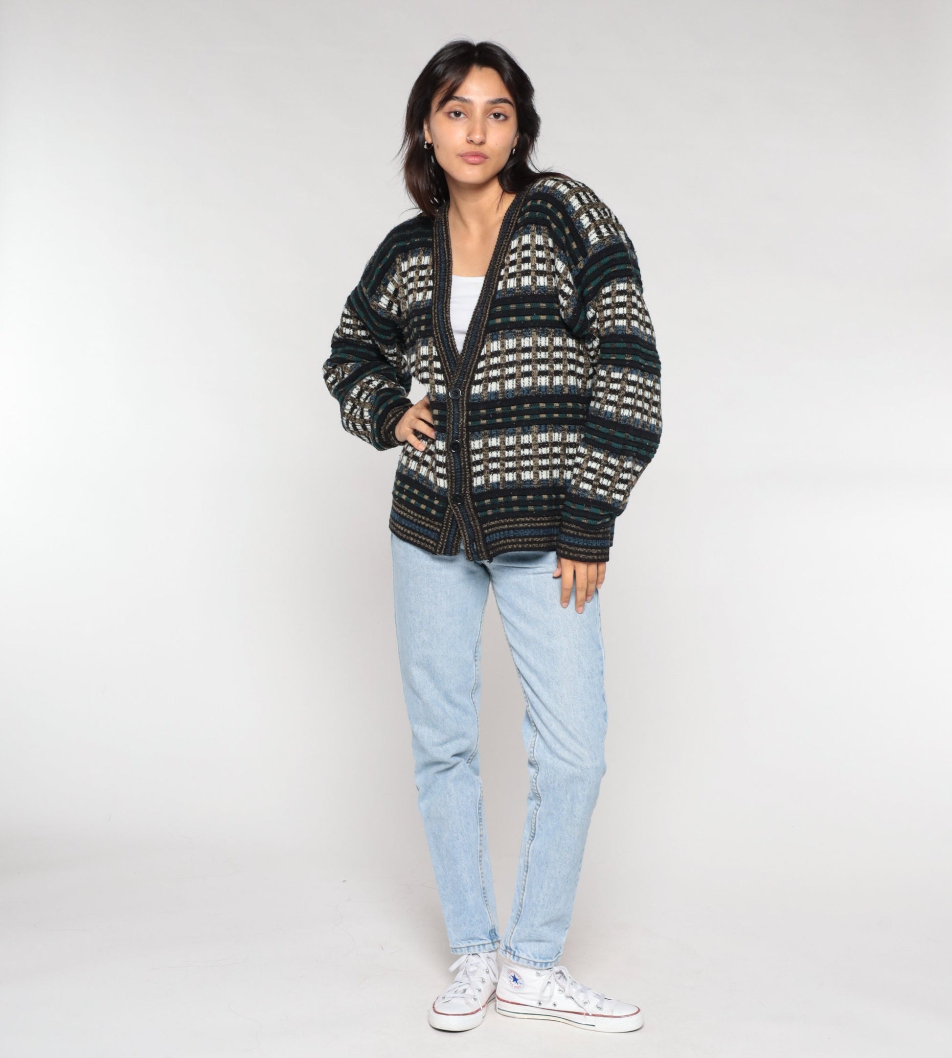 90s Checkered Cardigan Button-Up Knit Sweater Multicolor Large