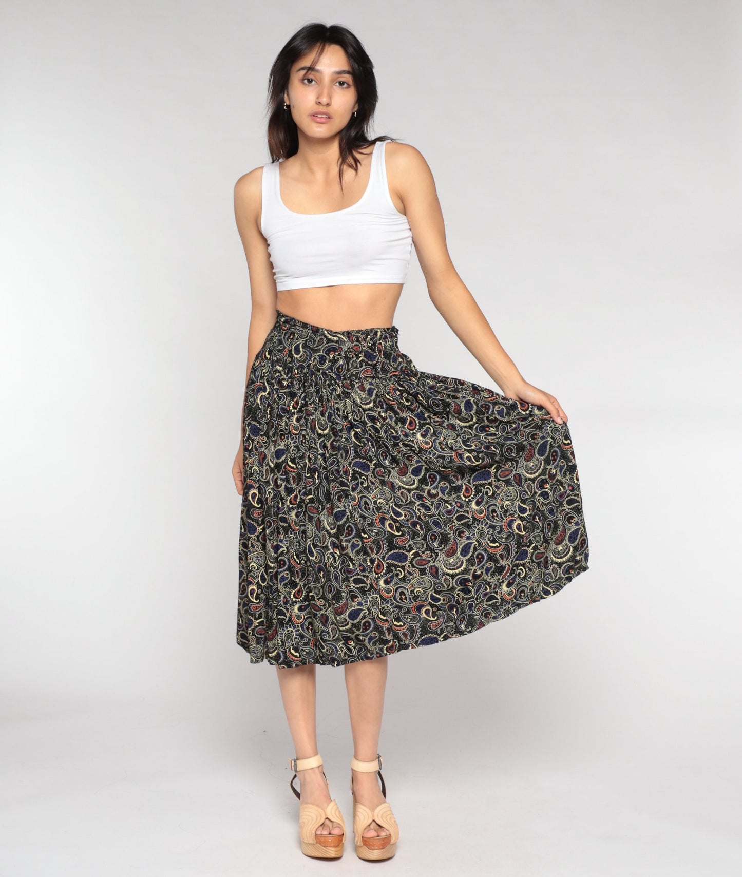 90s Black Paisley Midi Skirt High Waist Extra Small XS