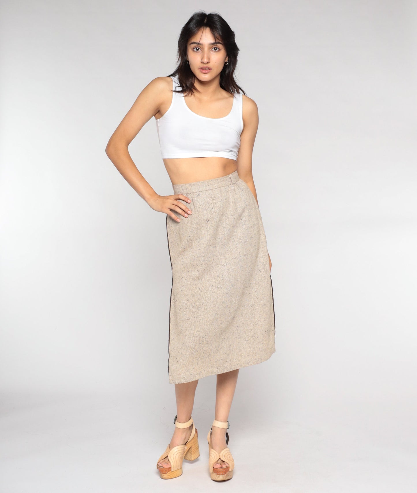 70s Tan Pencil Midi Skirt High Waist Side Slit Woven Extra Small