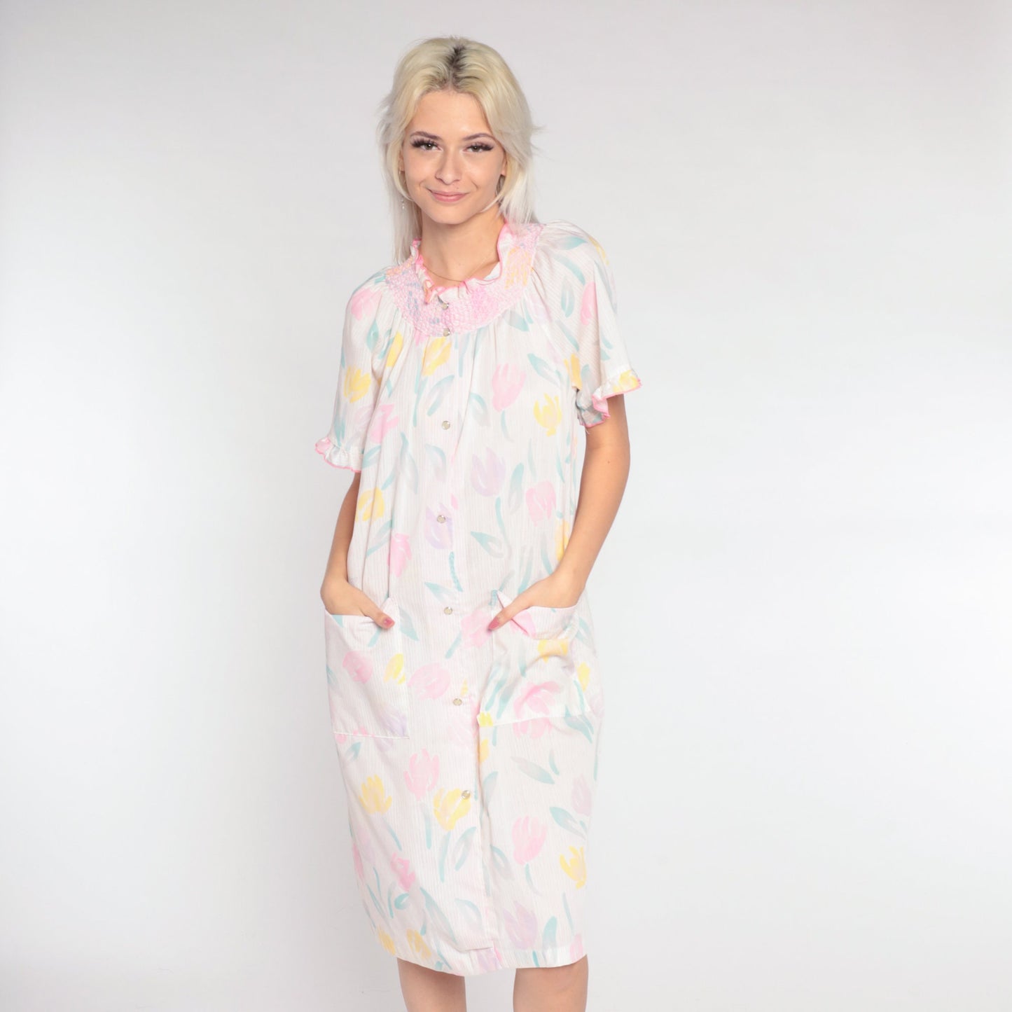 80s Floral Smocked Nightgown White Button-Up Lounge Dress Medium