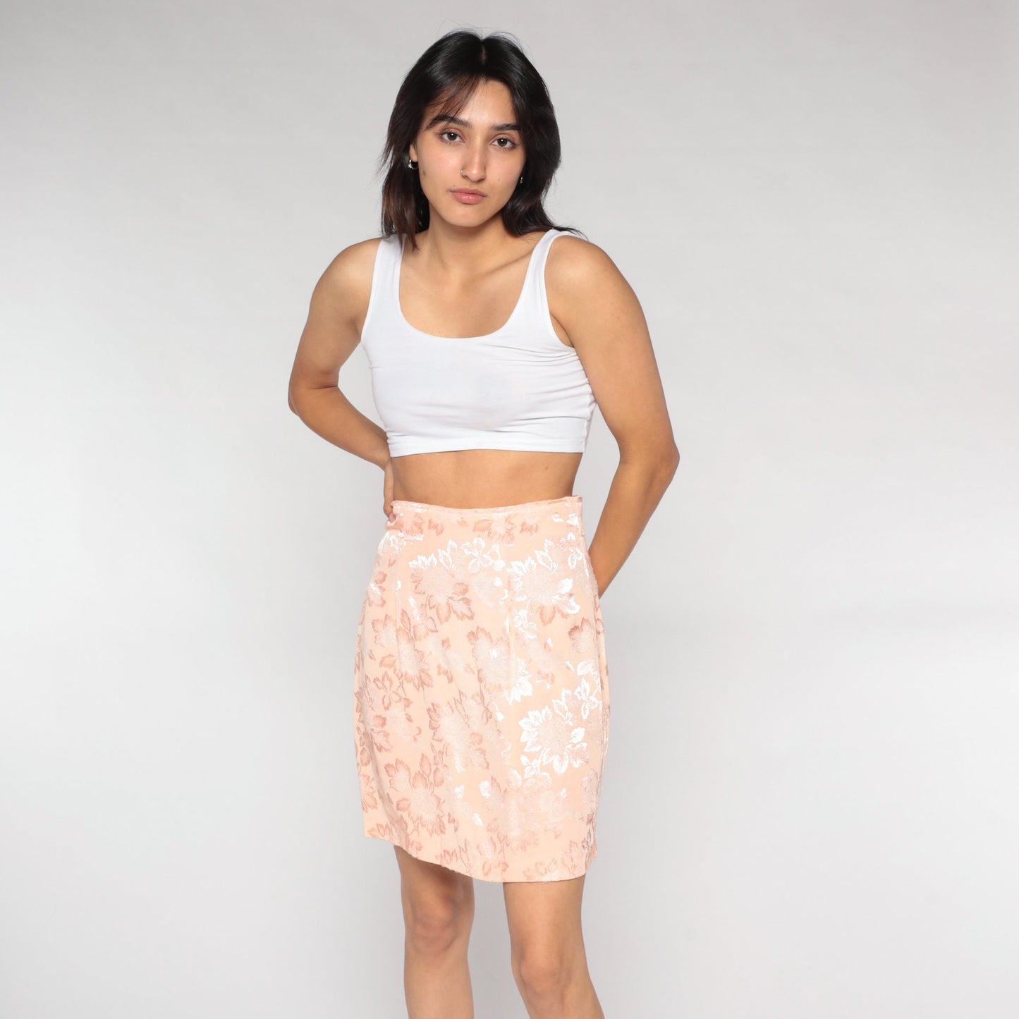 90s Light Pink Embossed Floral Pencil Mini Skirt High Waisted Slit Small
