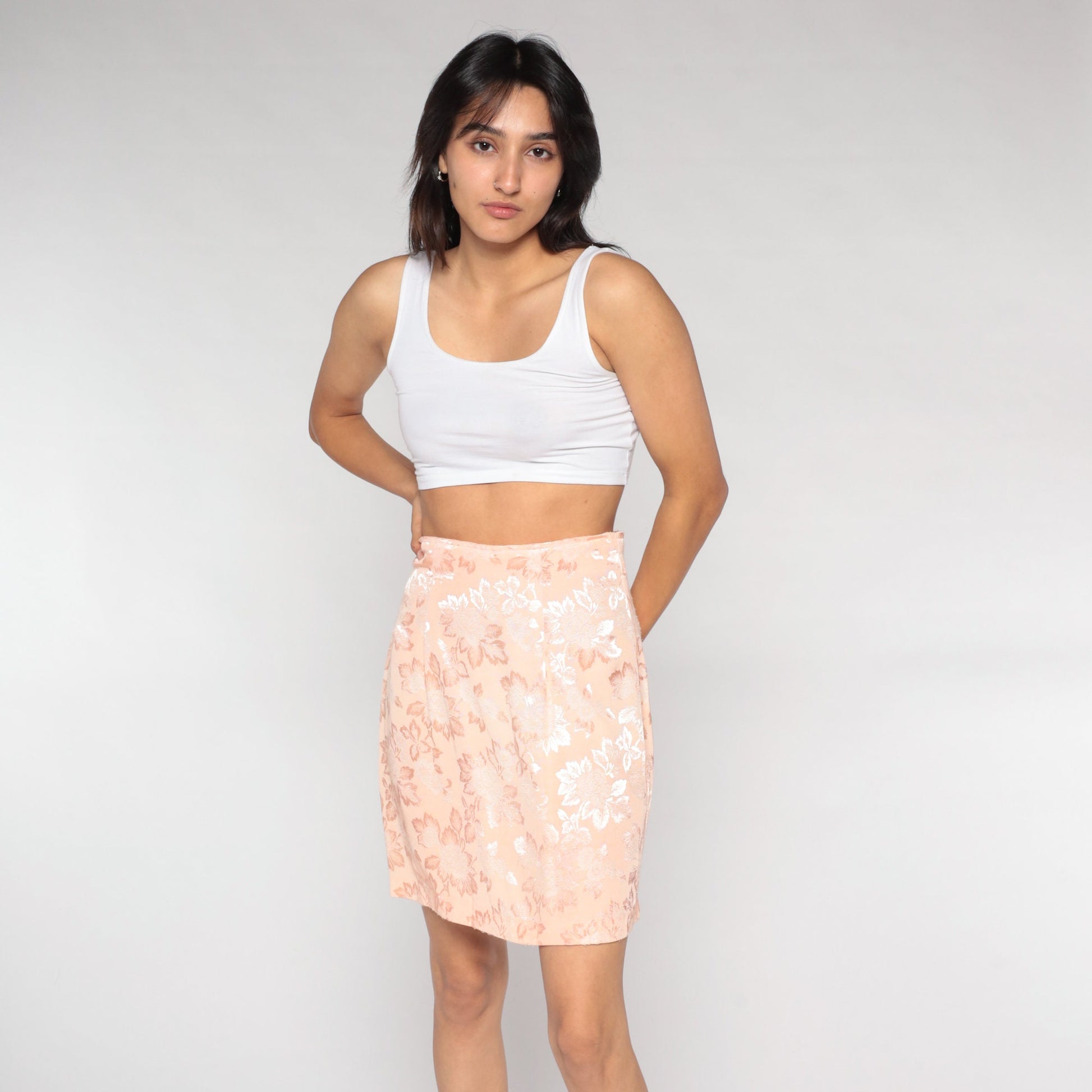 90s Light Pink Embossed Floral Pencil Mini Skirt High Waisted Slit Small