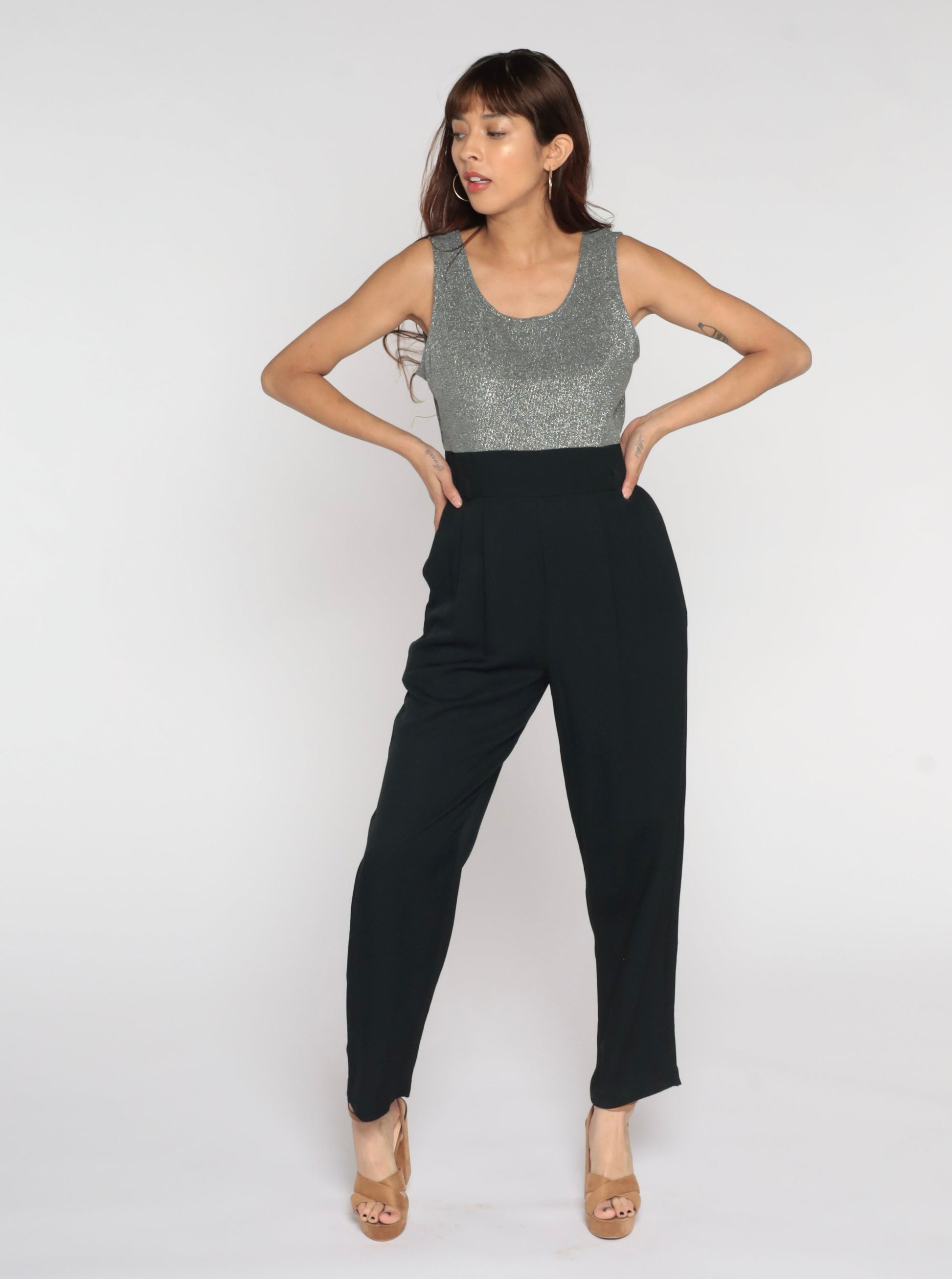 90s Black Wide Leg Jumpsuit Silver Metallic Bodice Sleeveless High Waist Medium