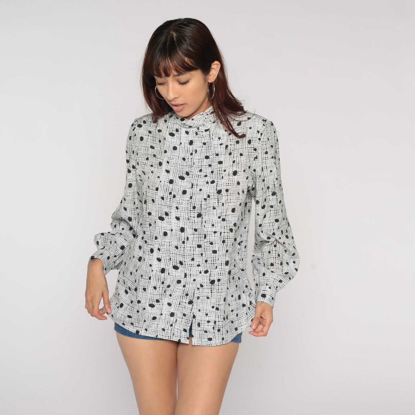 80s Black White Polka Dot Mock Neck Blouse Pleated Long Sleeve Large