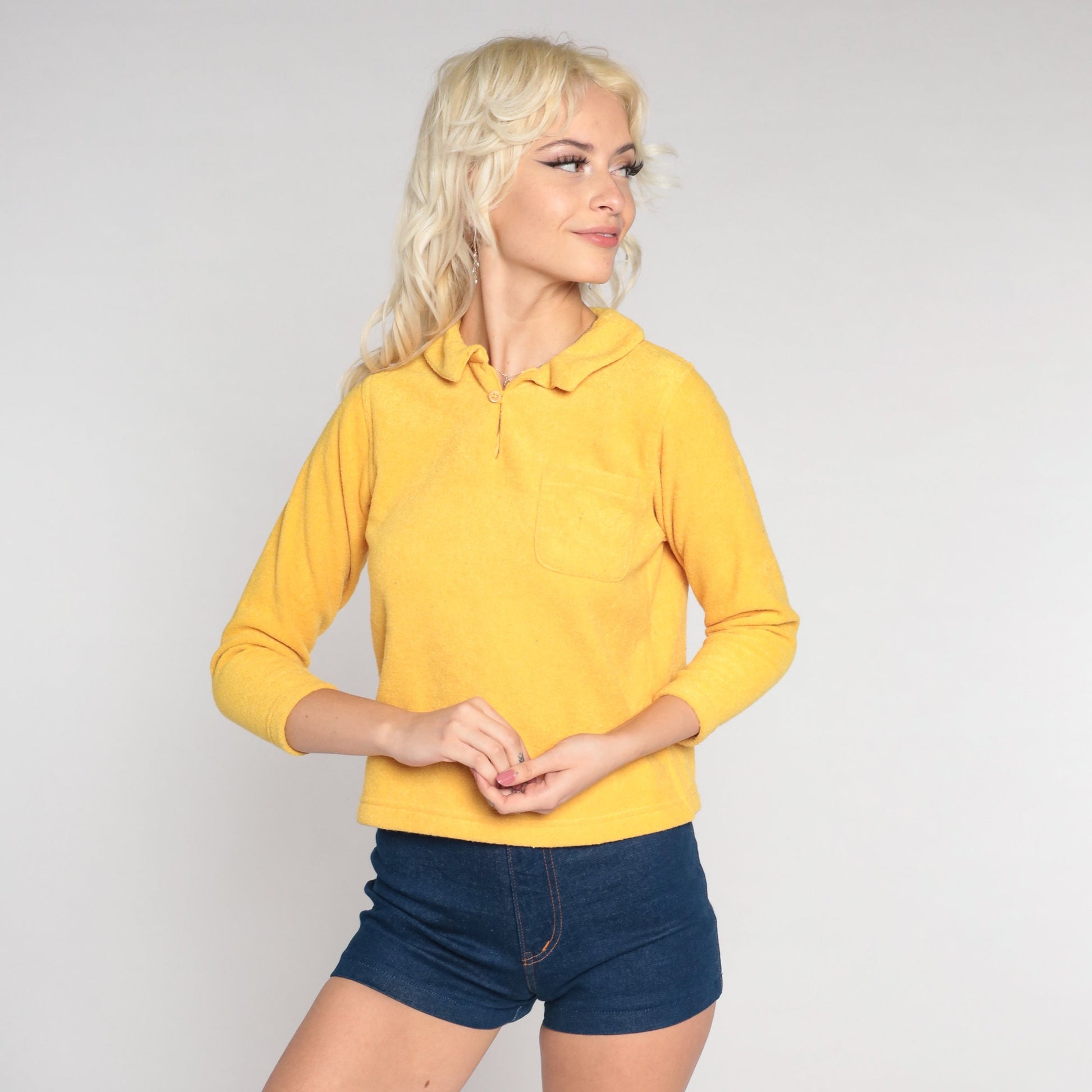 00s Yellow Terry Cloth Polo Shirt Long Sleeve Collared Blouse Extra Small